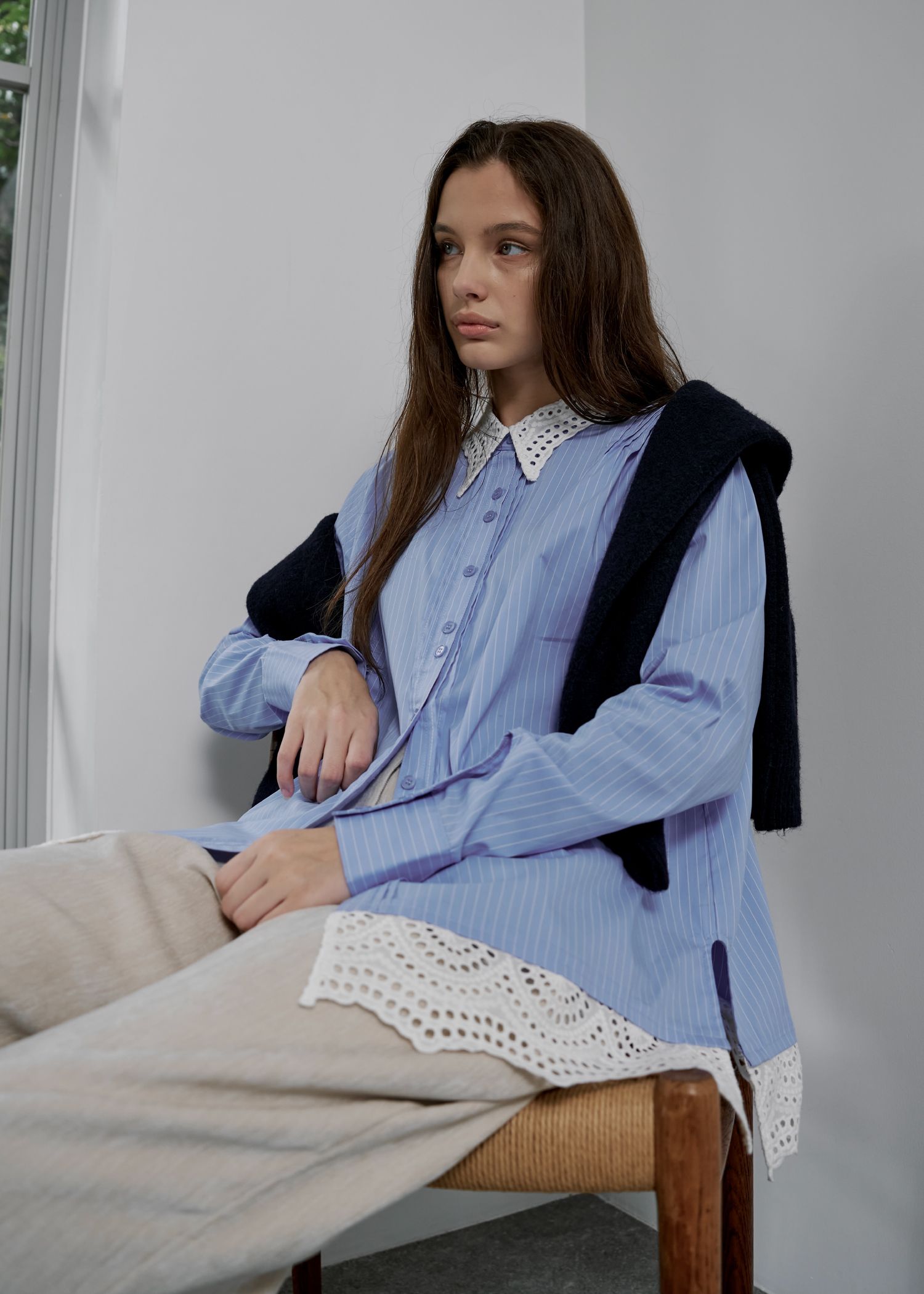 lace collar hem shoulder pintuck SH