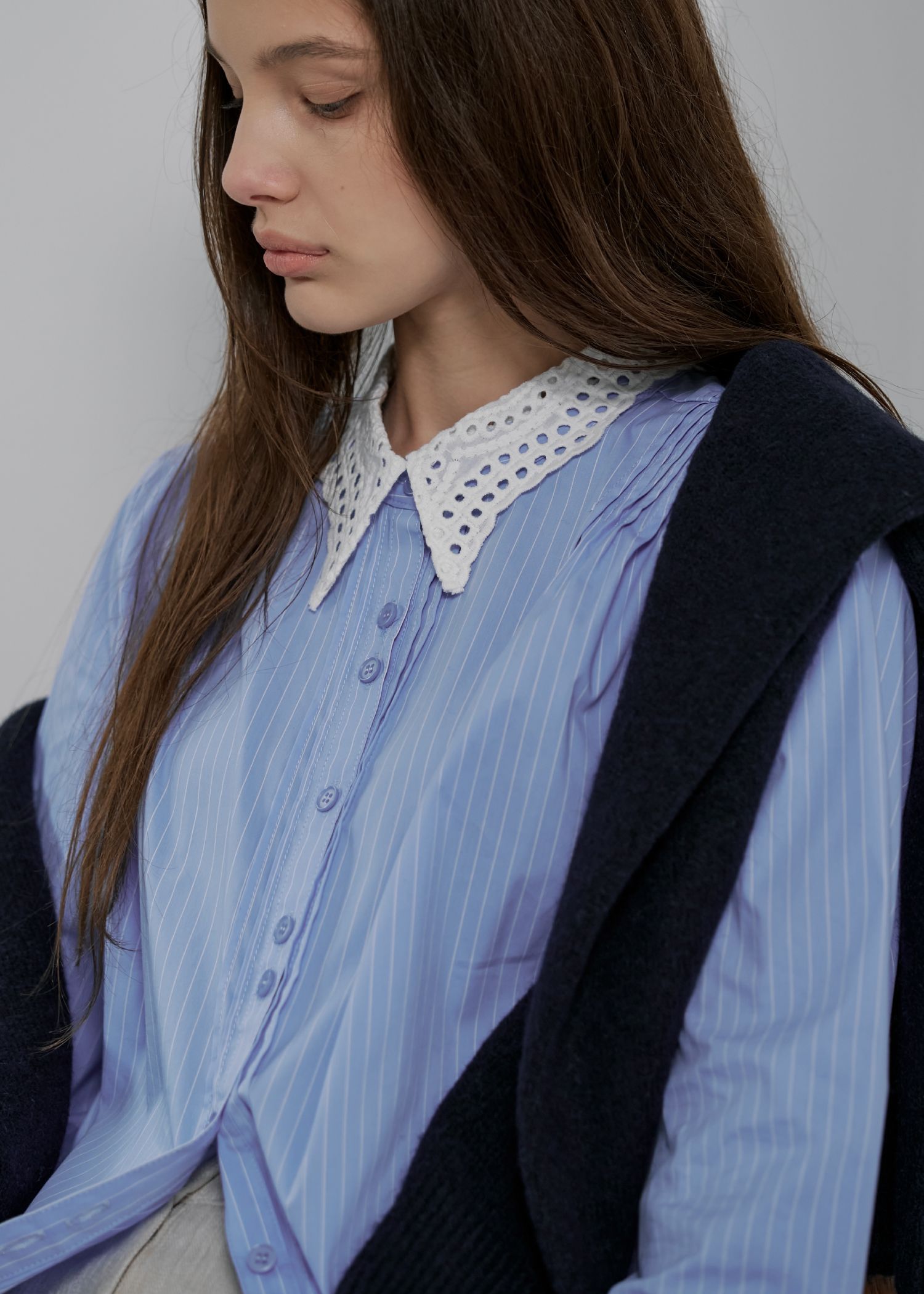 lace collar hem shoulder pintuck SH