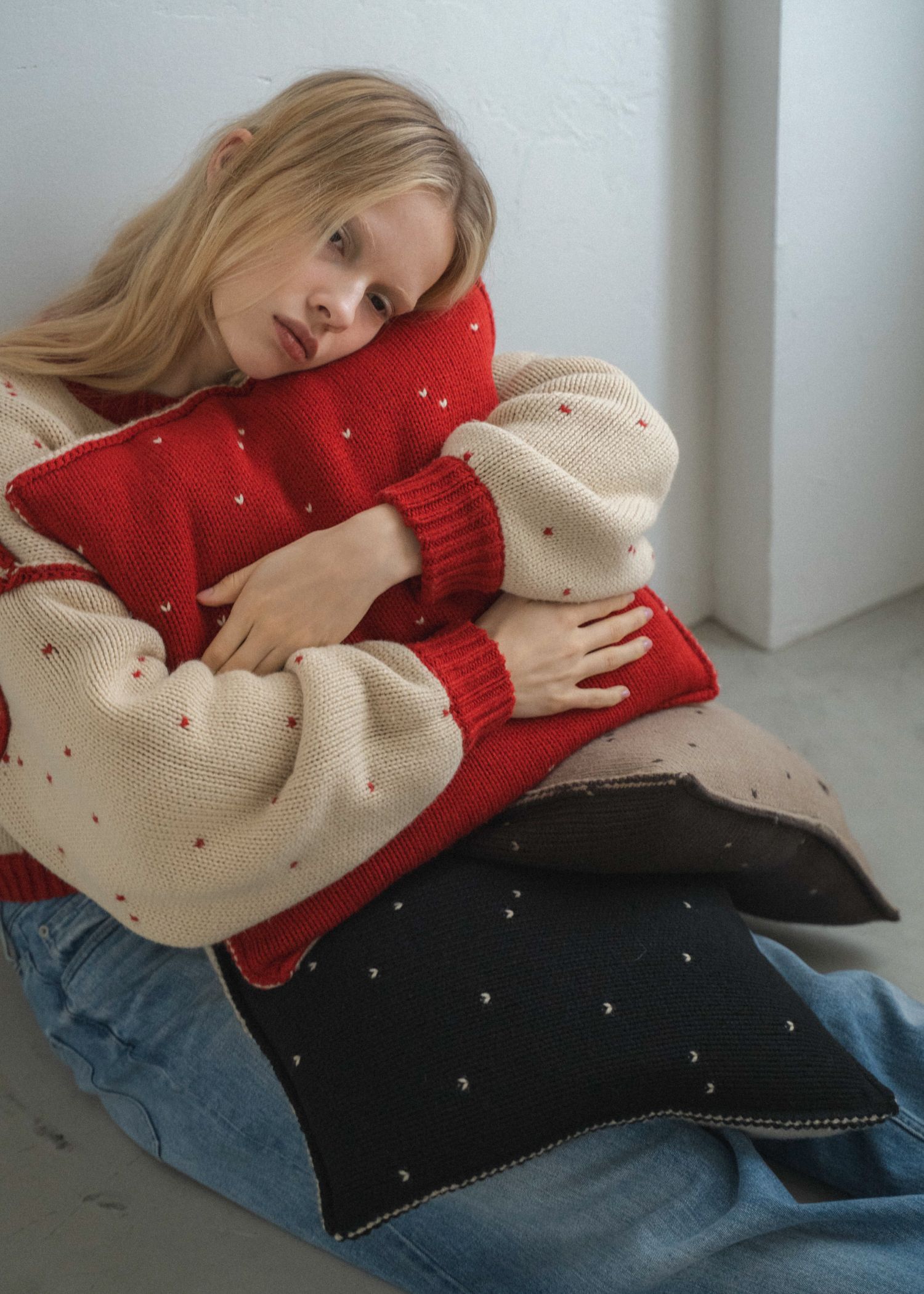 heart dot jacquard knit cushion cover