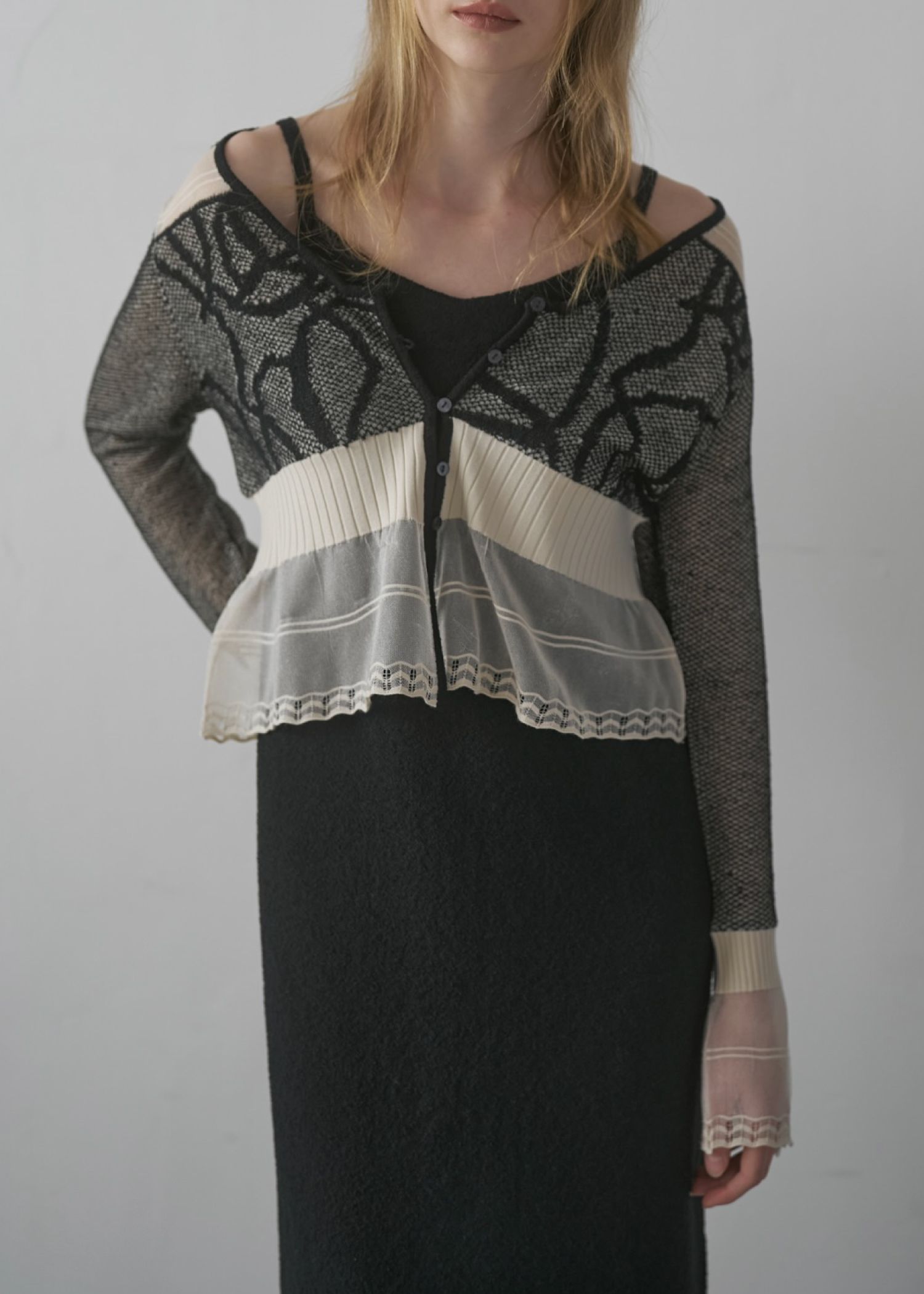jacquard pattern sheer knit cardigan