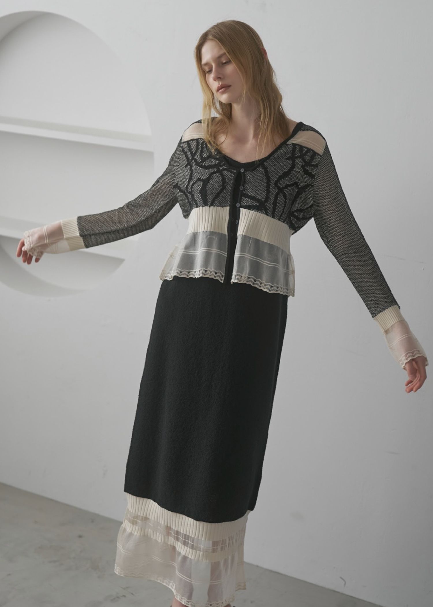 jacquard pattern sheer knit cardigan