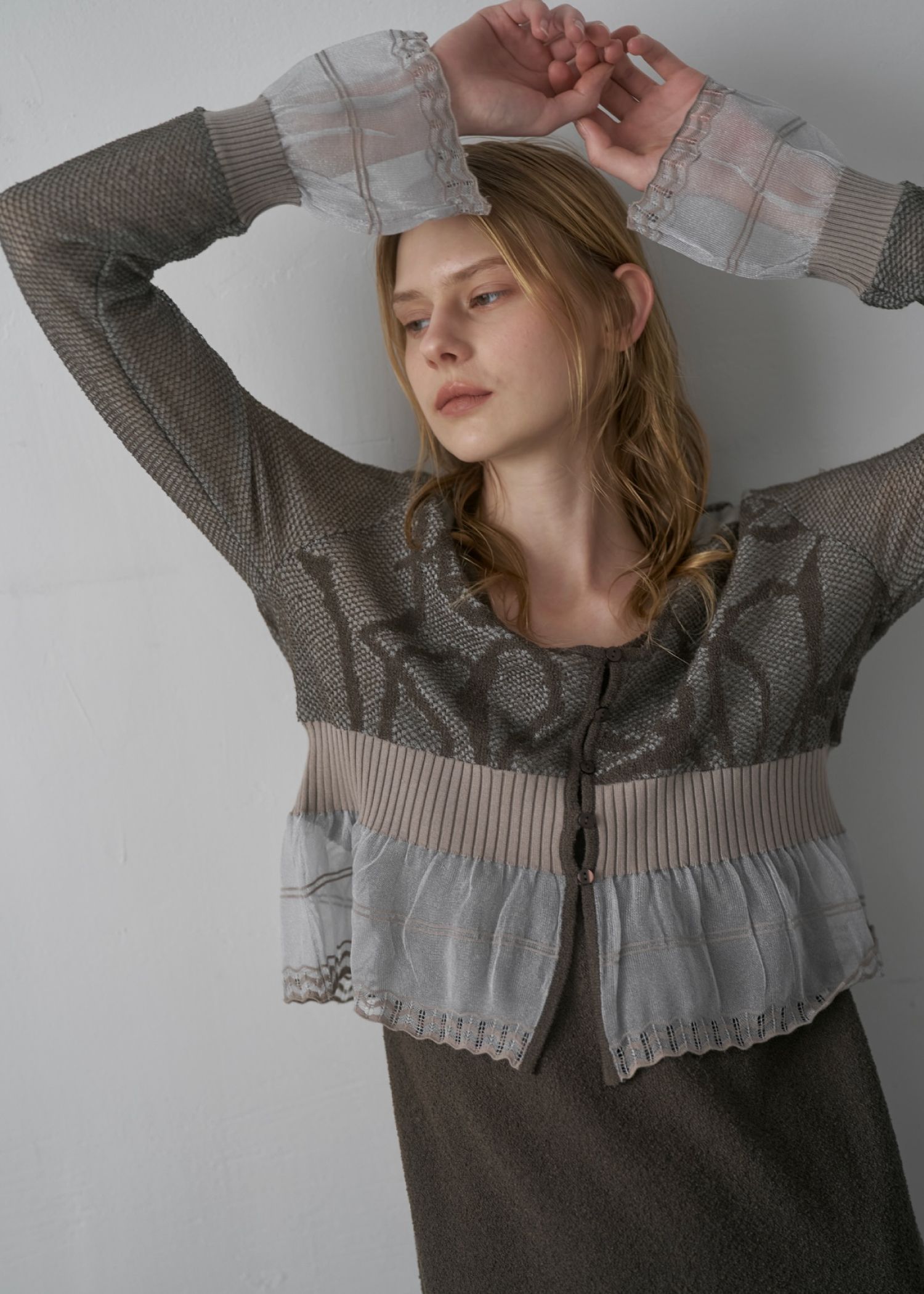 jacquard pattern sheer knit cardigan