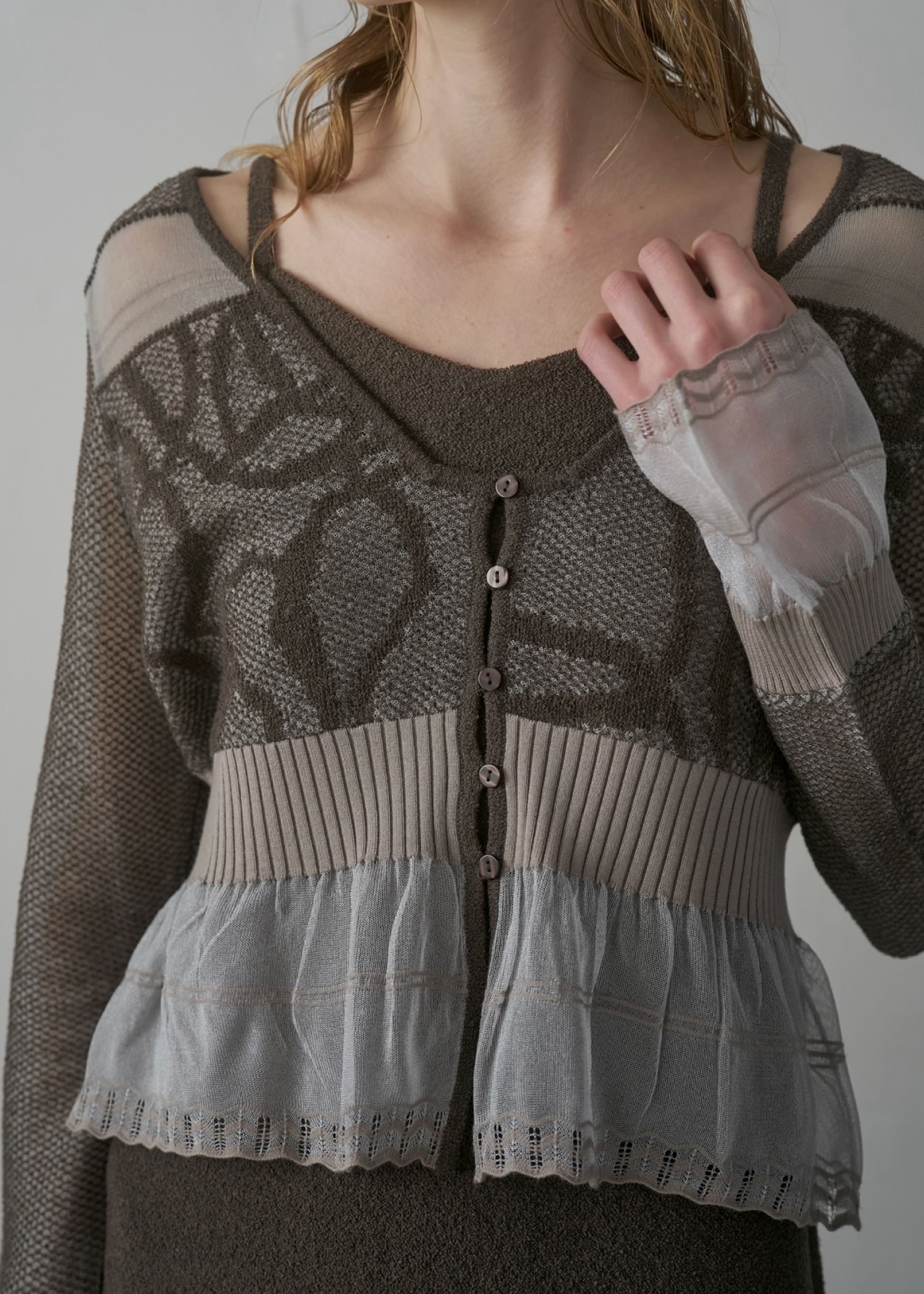 jacquard pattern sheer knit cardigan