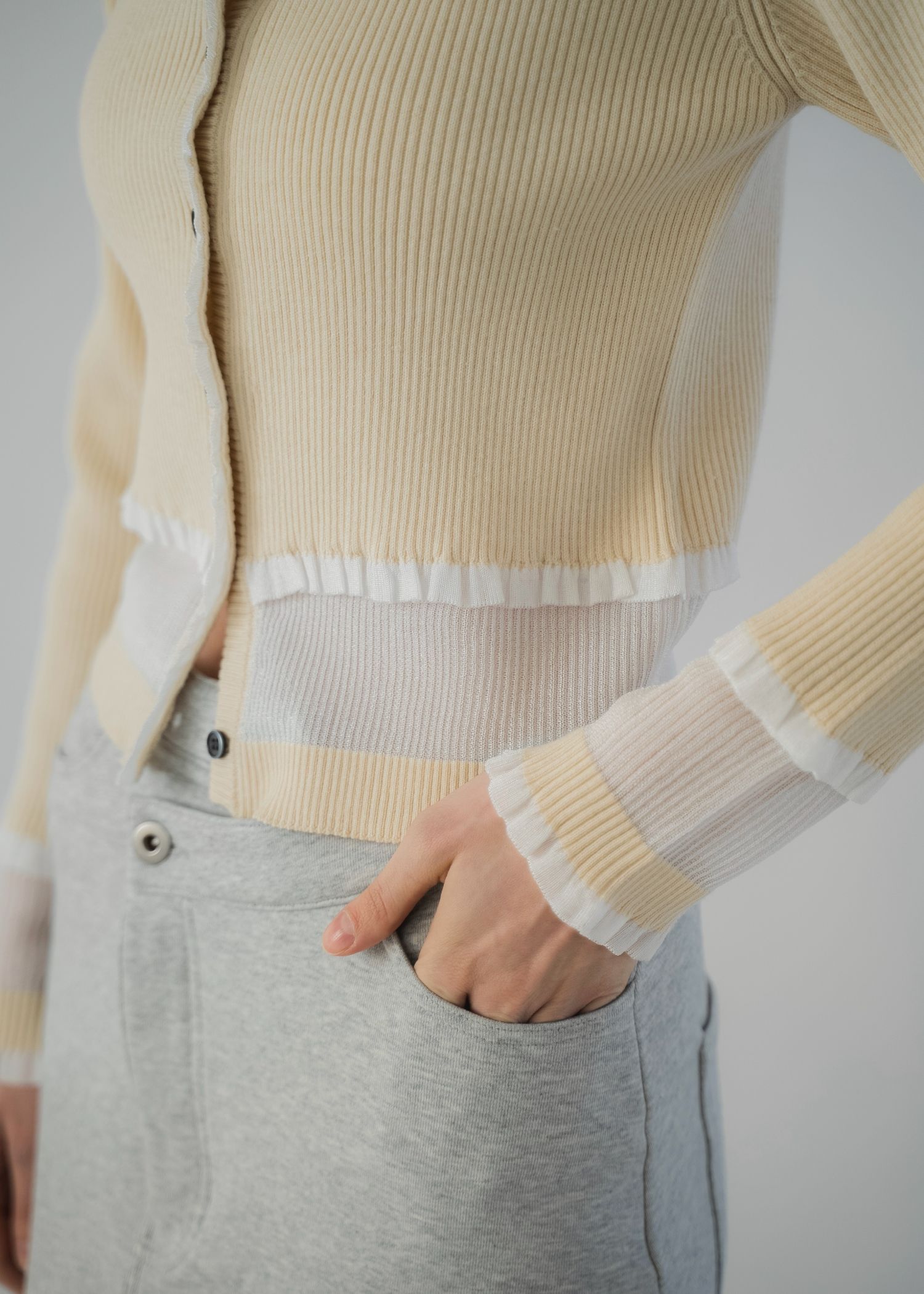 partial sheer frill knit cardigan