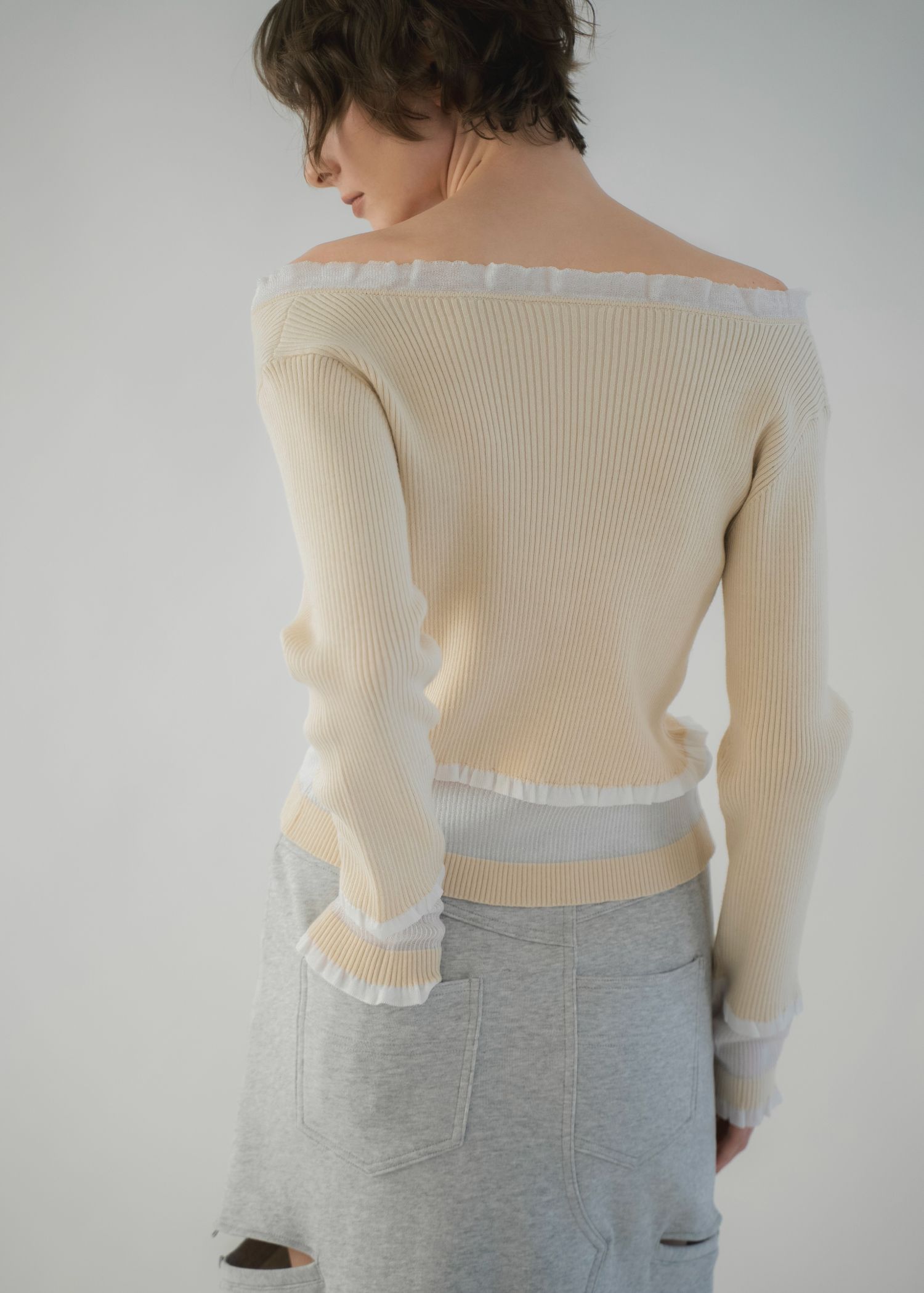 partial sheer frill knit cardigan