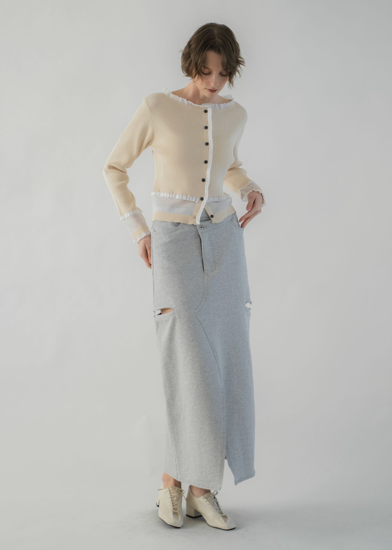 partial sheer frill knit cardigan