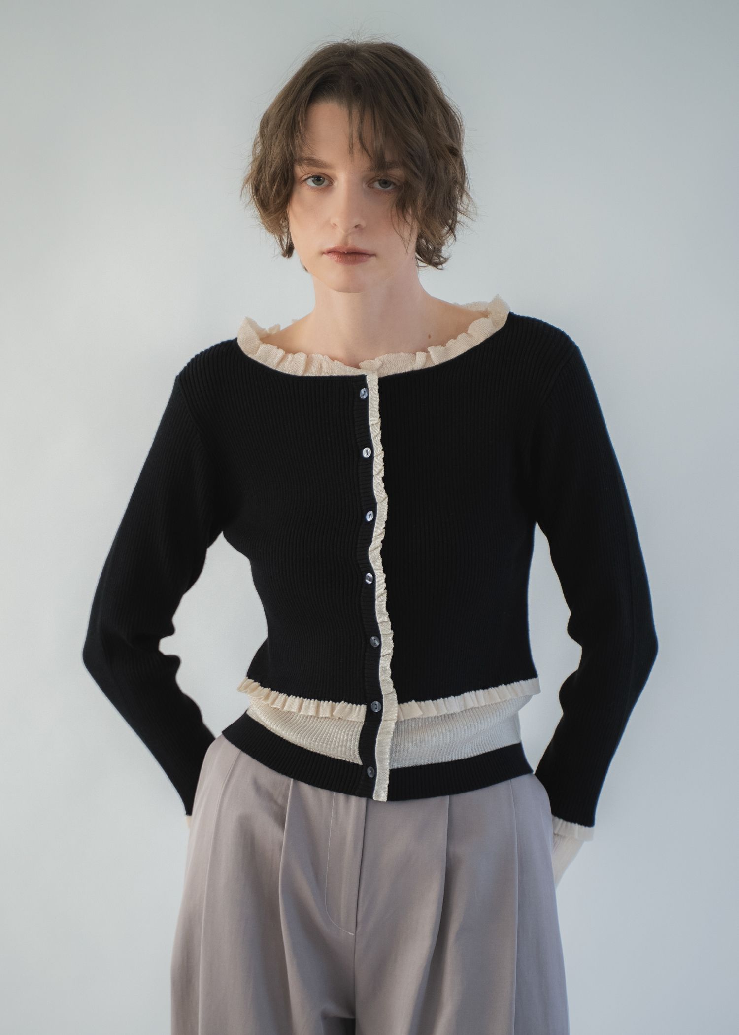 partial sheer frill knit cardigan