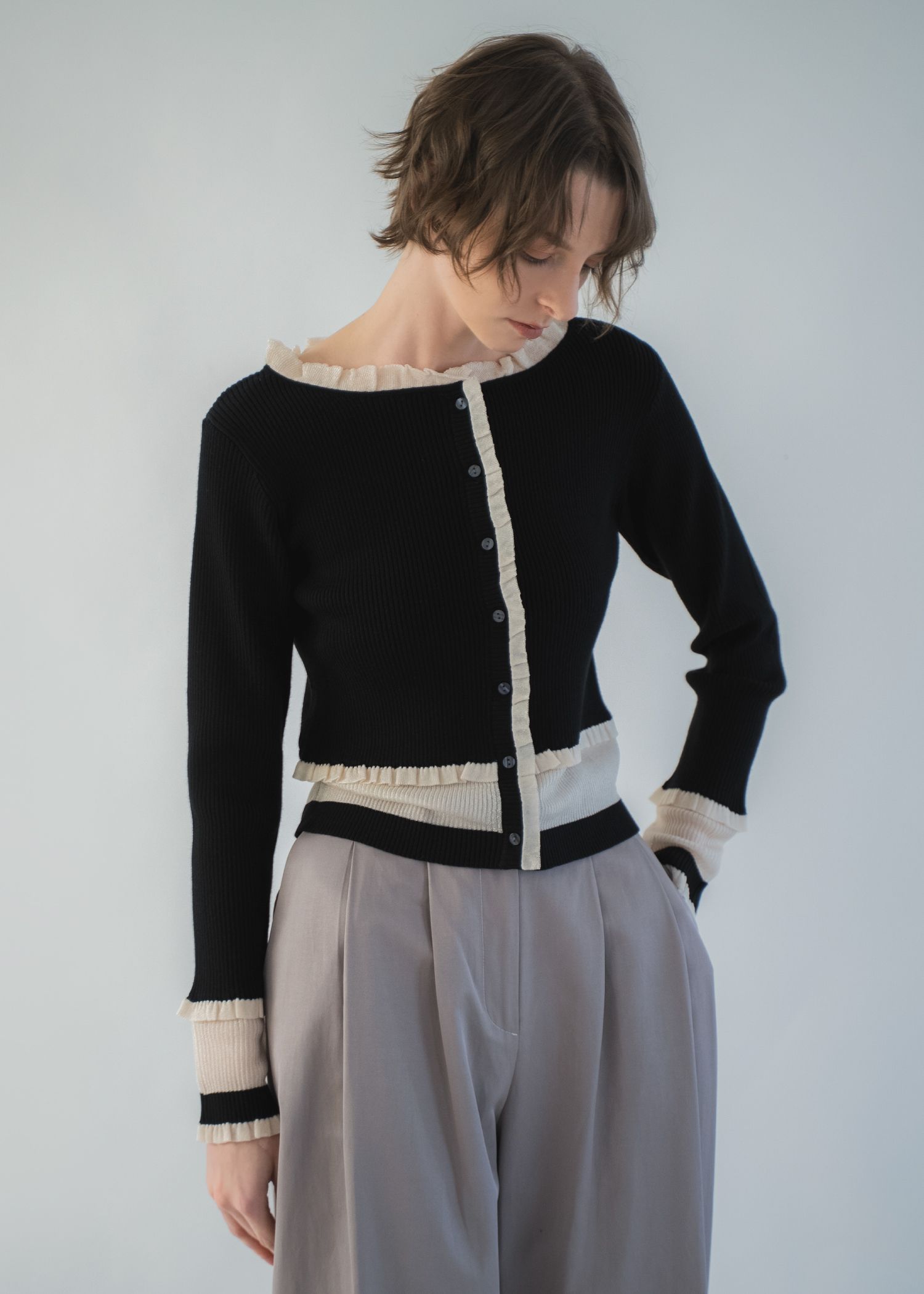 partial sheer frill knit cardigan