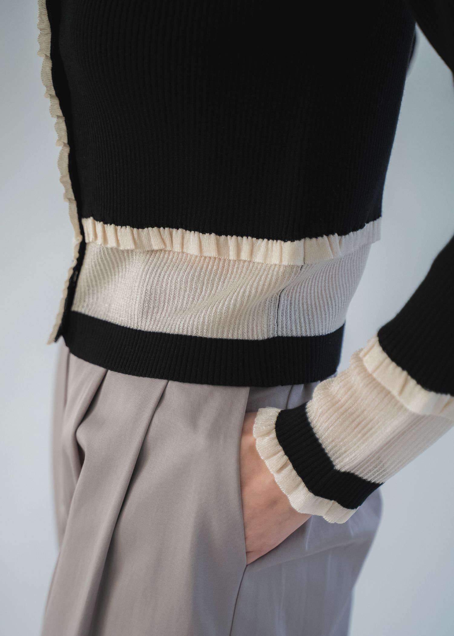 partial sheer frill knit cardigan