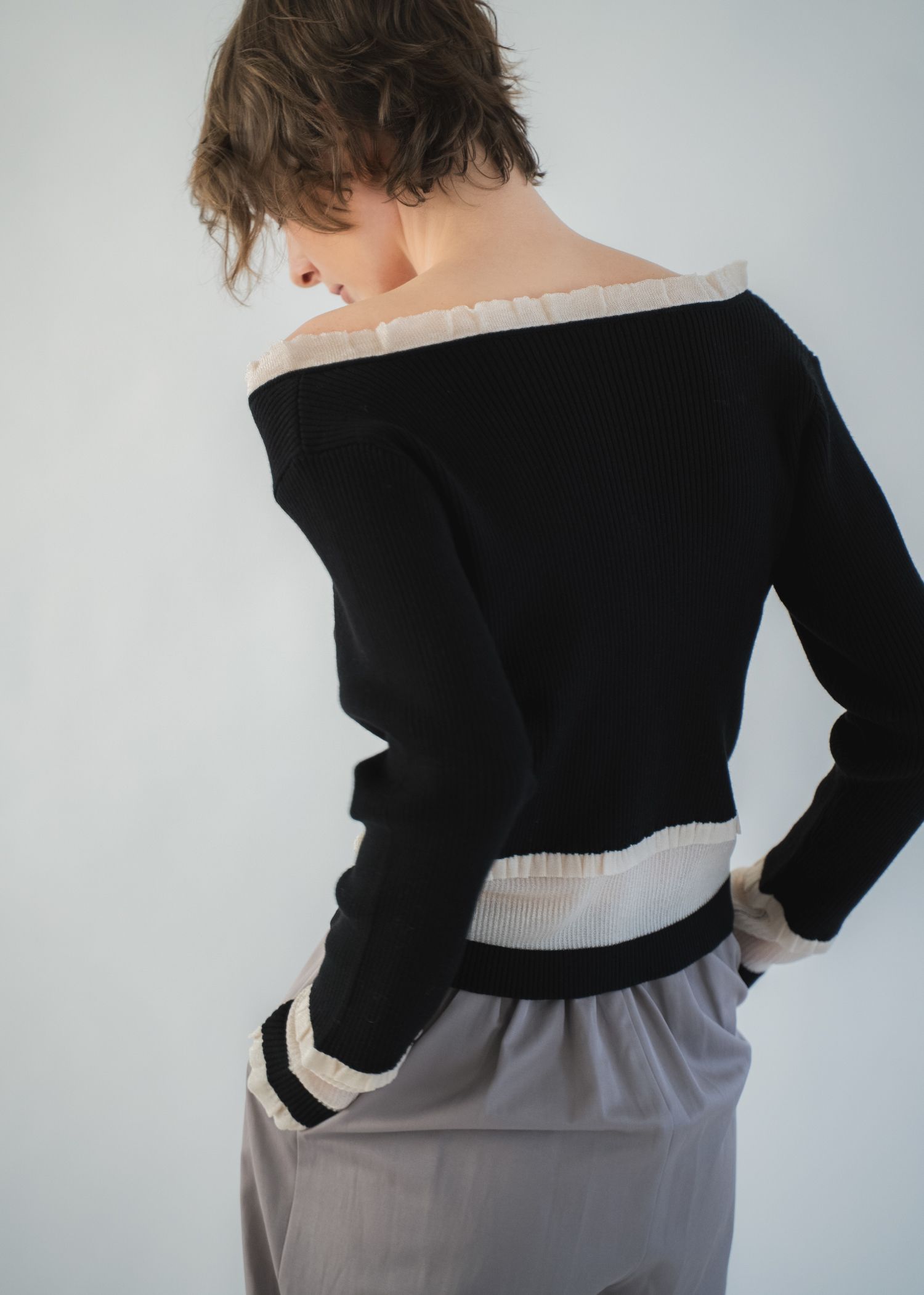 partial sheer frill knit cardigan