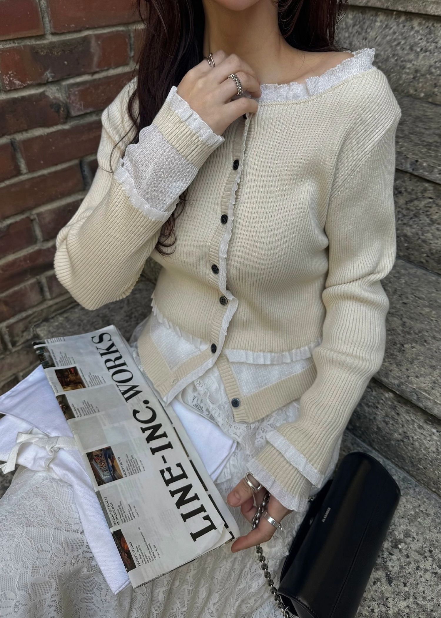 partial sheer frill knit cardigan