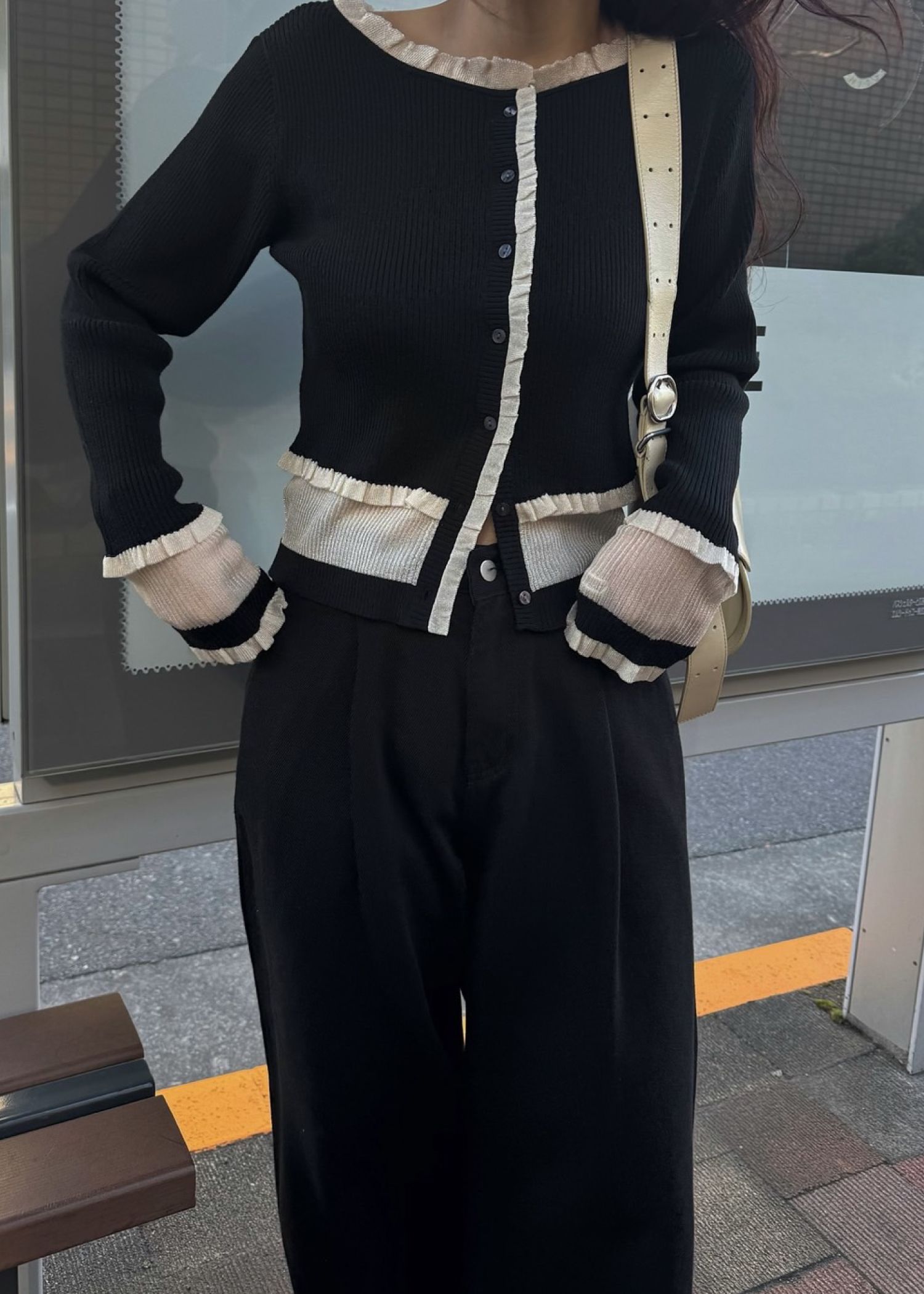 partial sheer frill knit cardigan