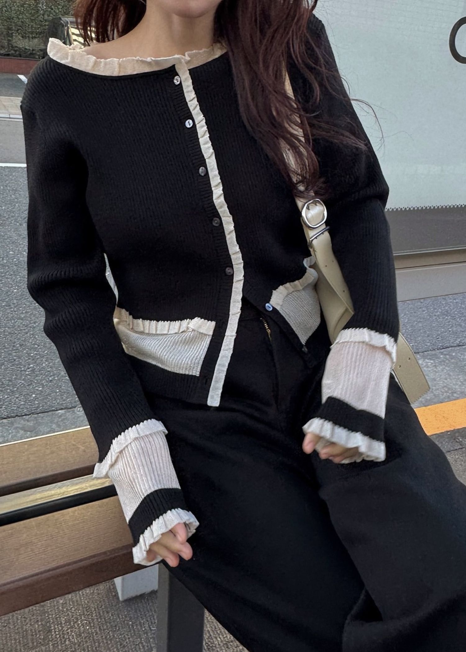 partial sheer frill knit cardigan