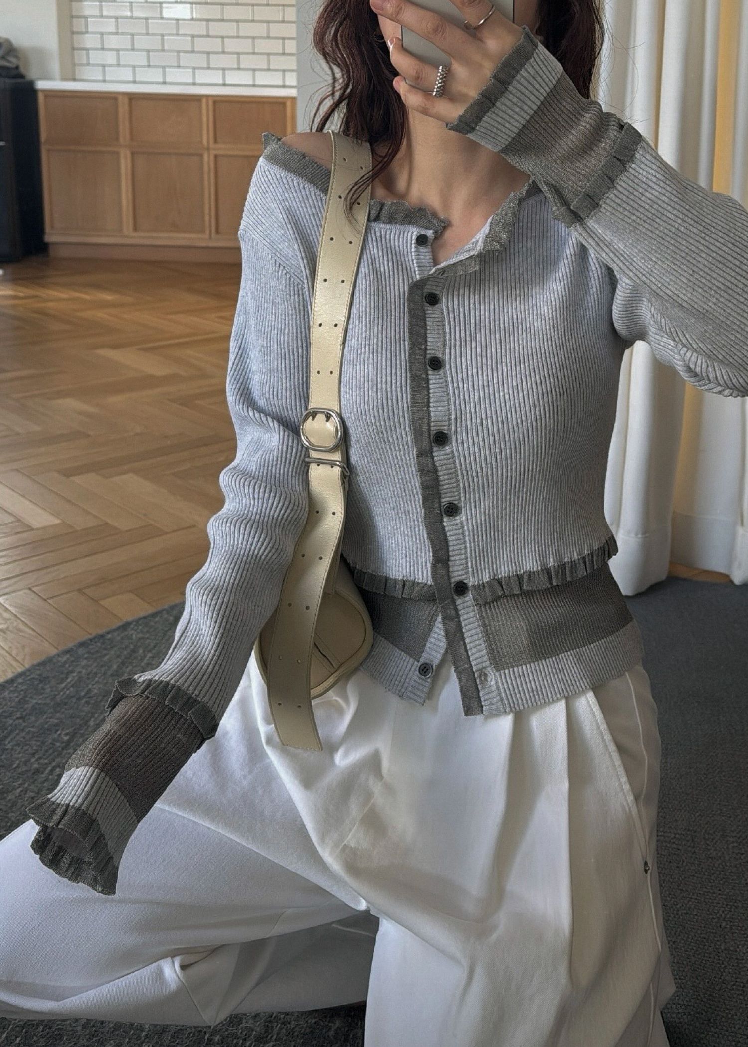 partial sheer frill knit cardigan