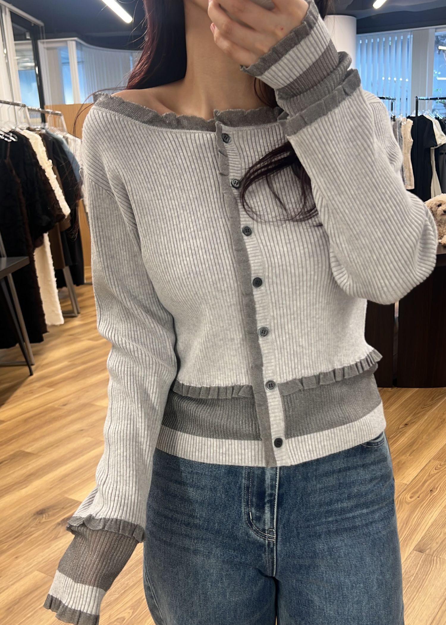 partial sheer frill knit cardigan