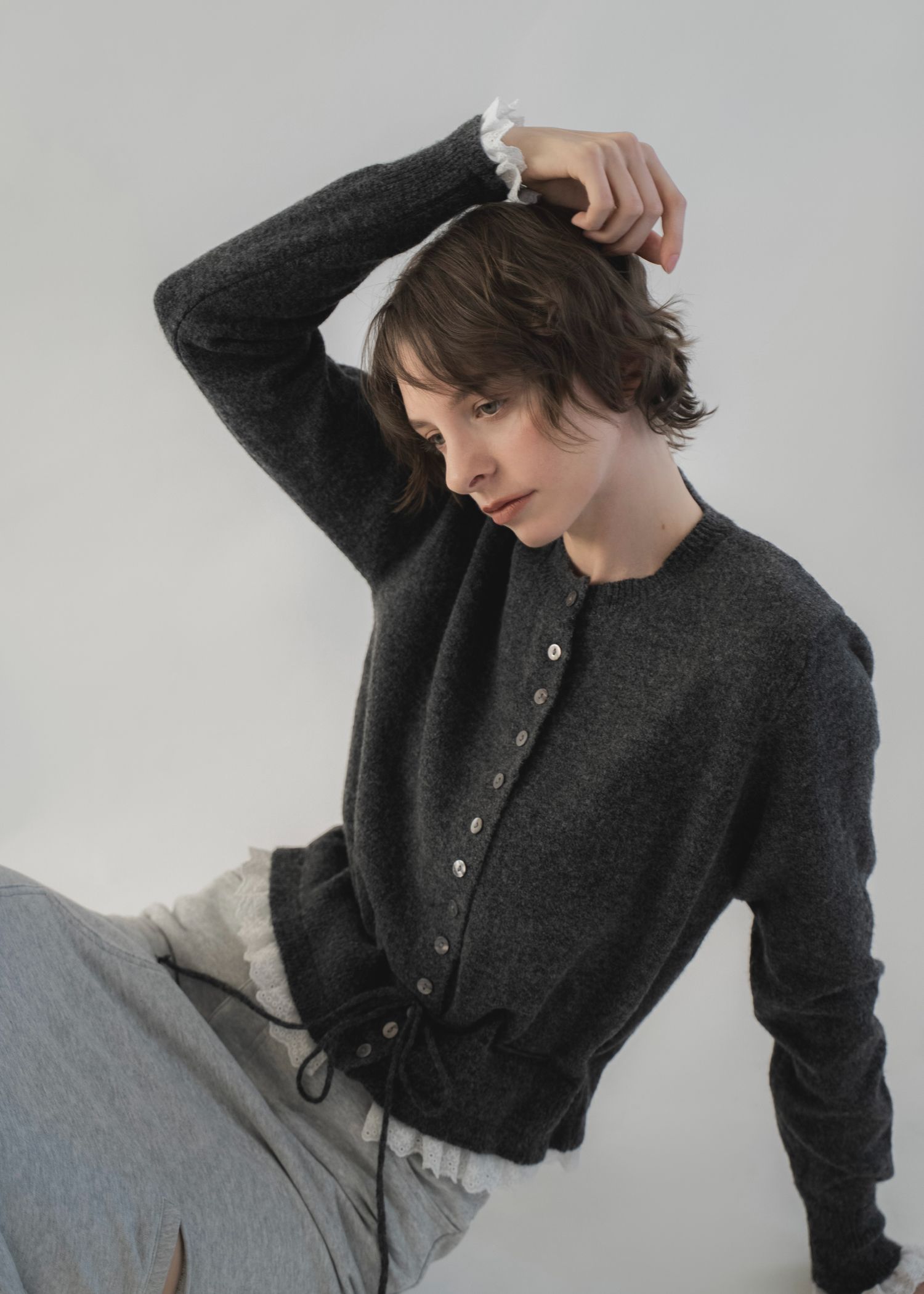 lace trim drawstring knit cardigan