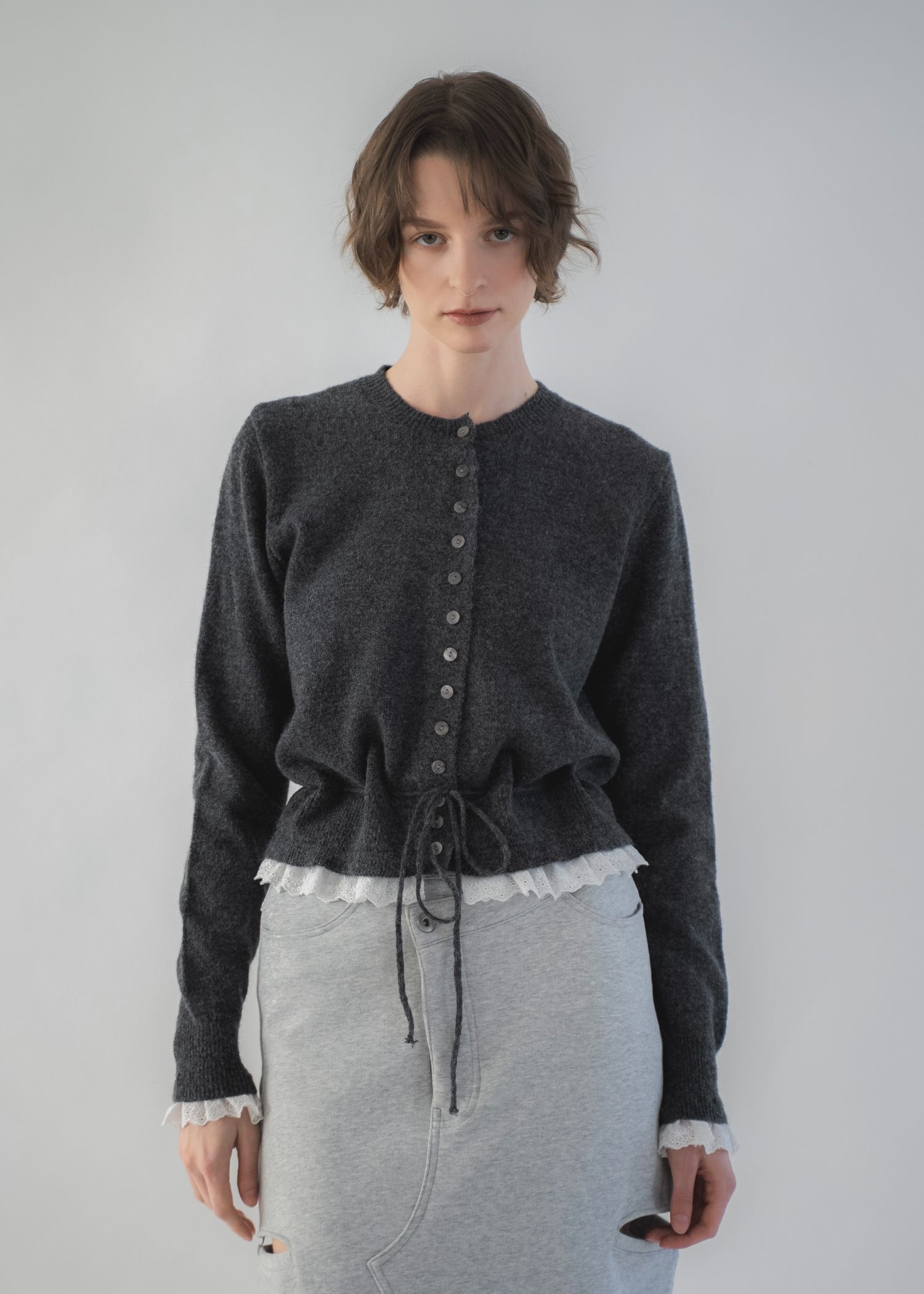 lace trim drawstring knit cardigan