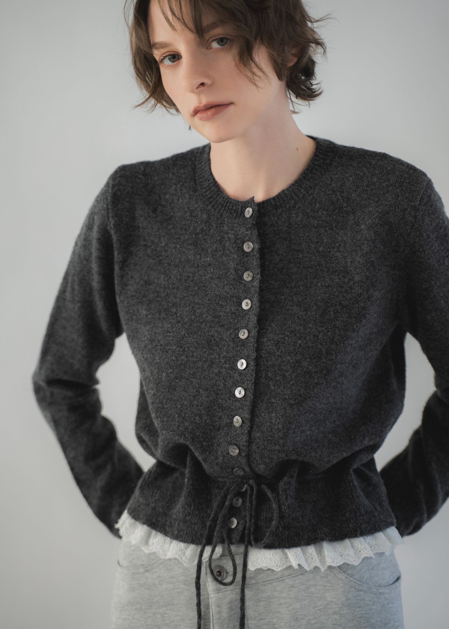 lace trim drawstring knit cardigan