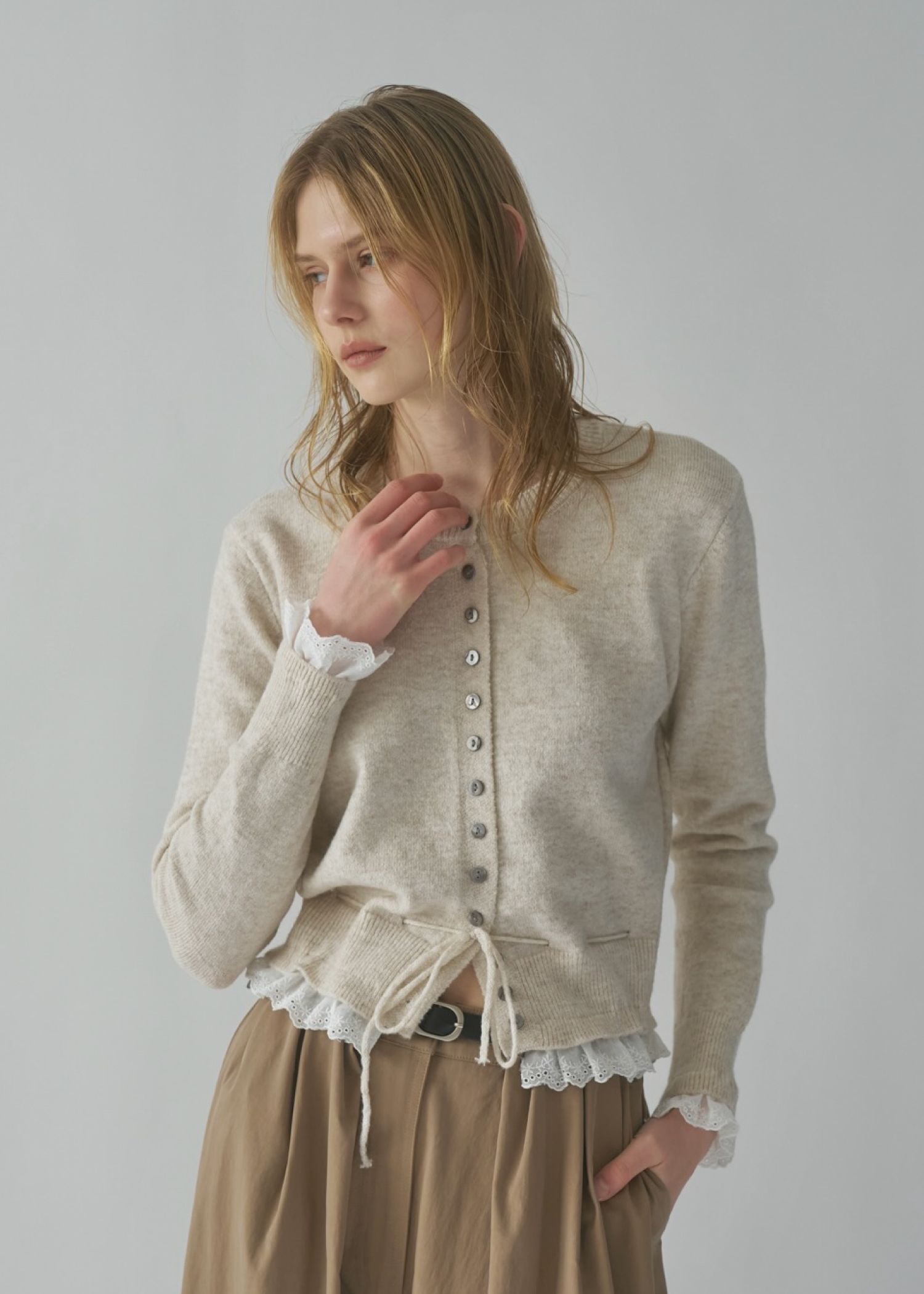 lace trim drawstring knit cardigan