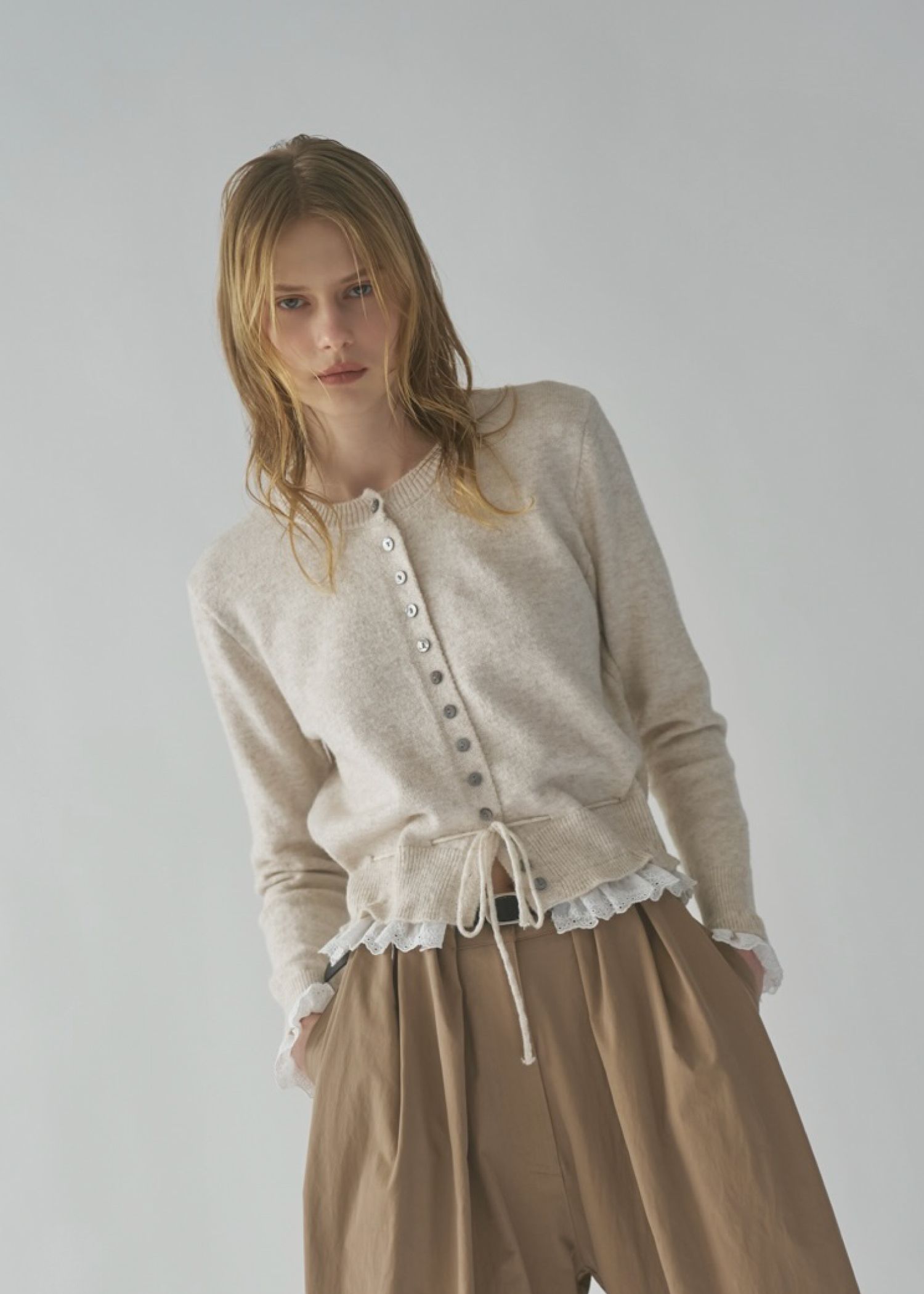 lace trim drawstring knit cardigan