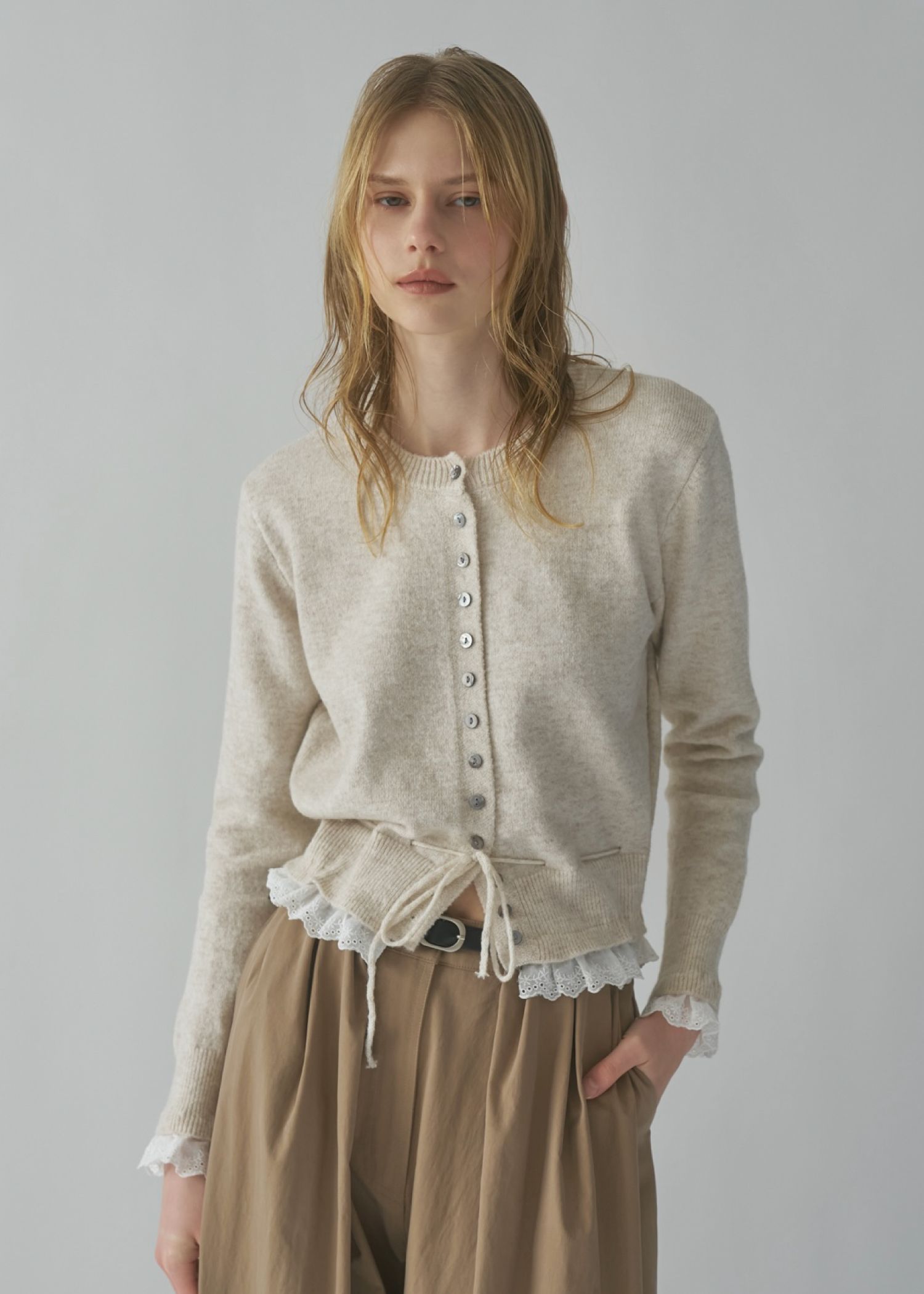 lace trim drawstring knit cardigan