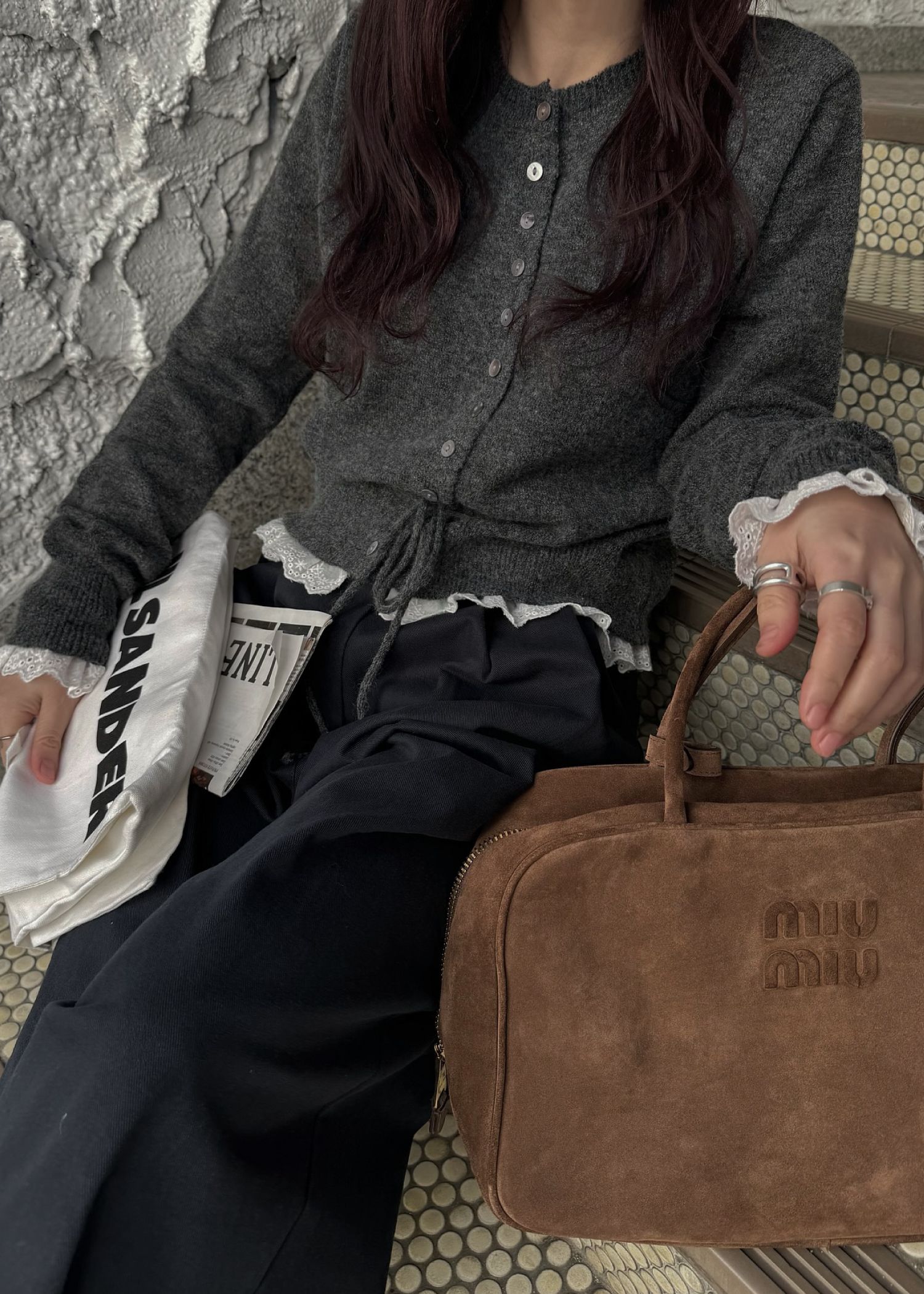 lace trim drawstring knit cardigan