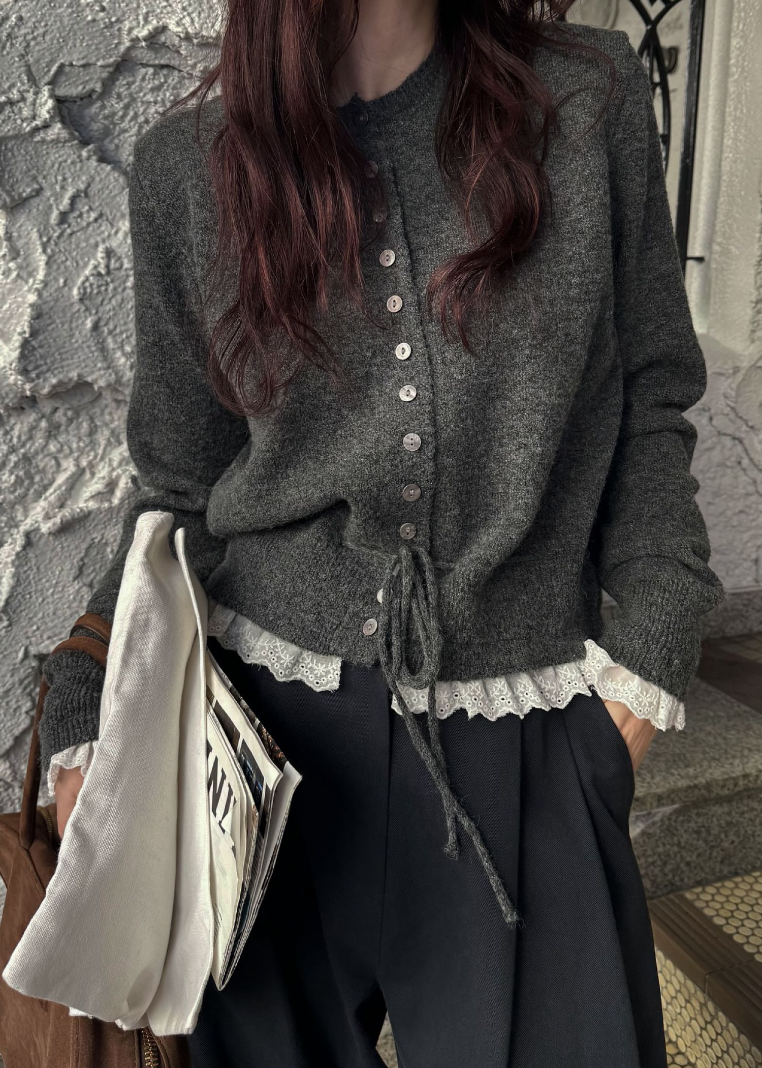 lace trim drawstring knit cardigan