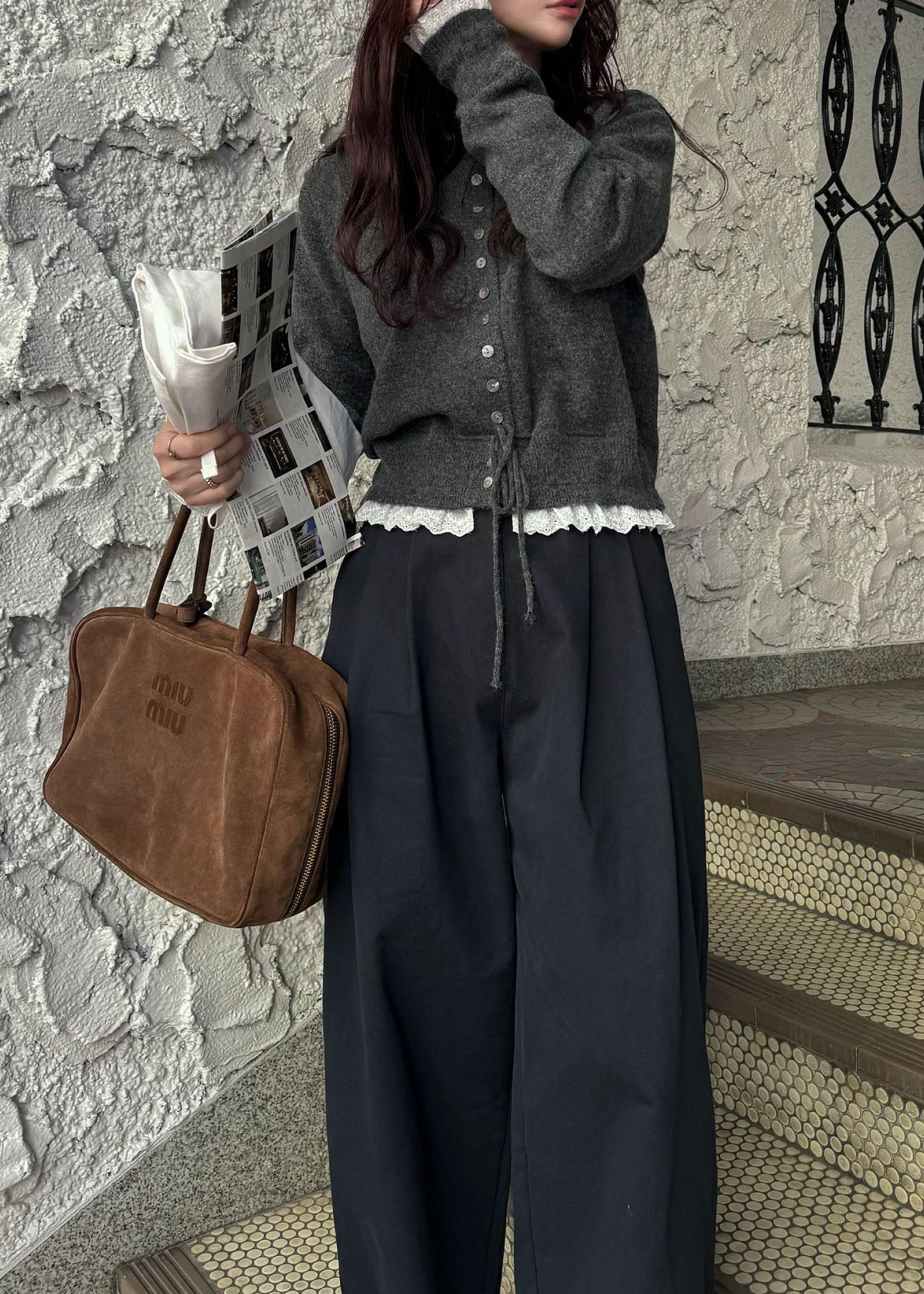 lace trim drawstring knit cardigan