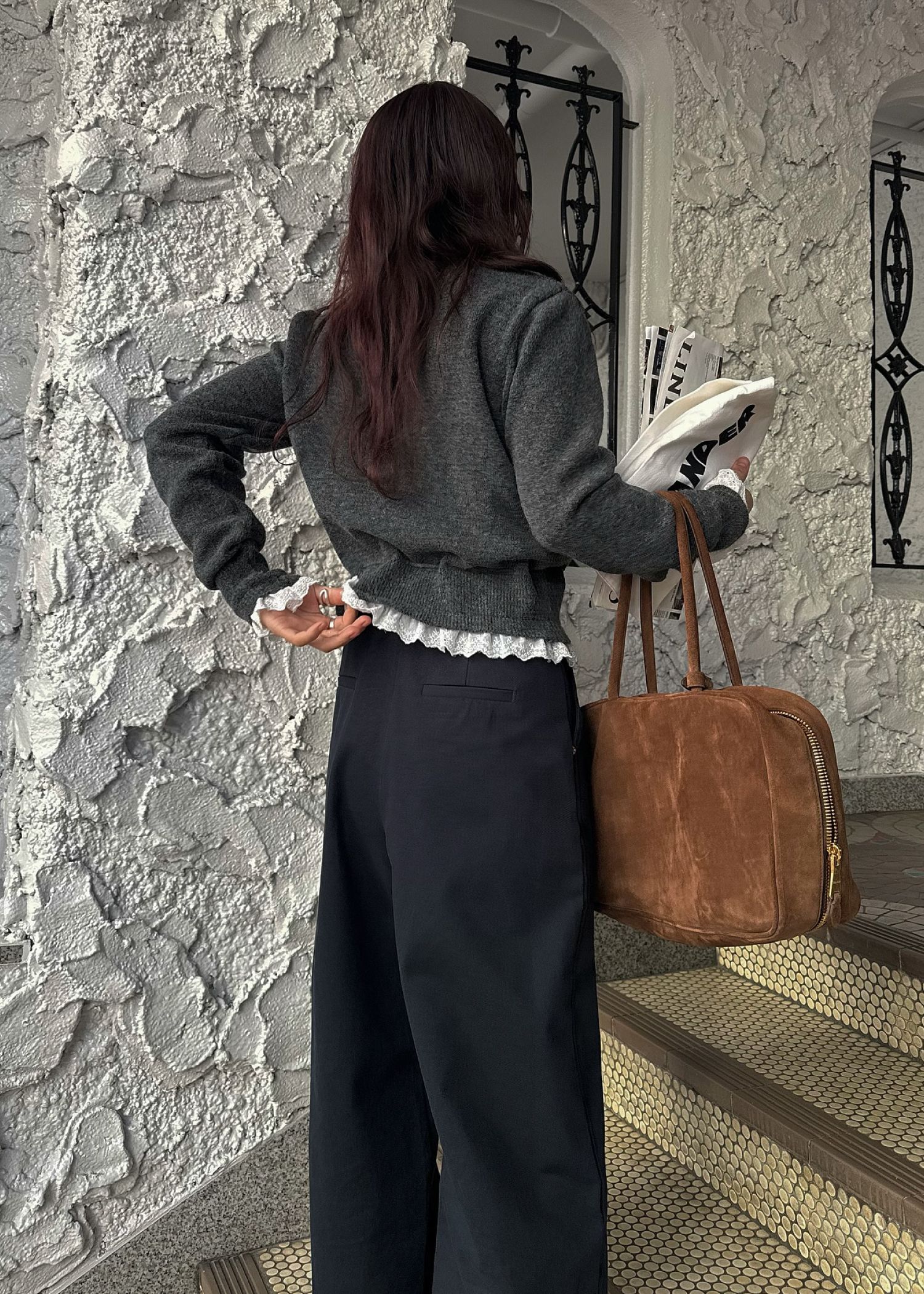 lace trim drawstring knit cardigan