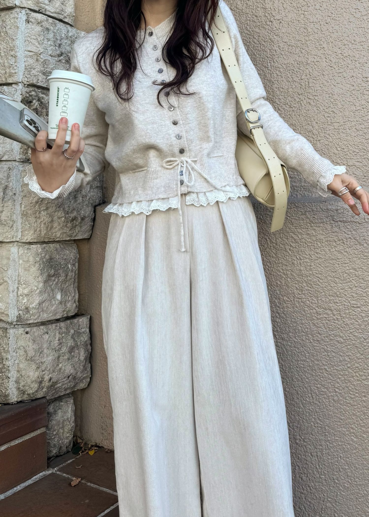 lace trim drawstring knit cardigan