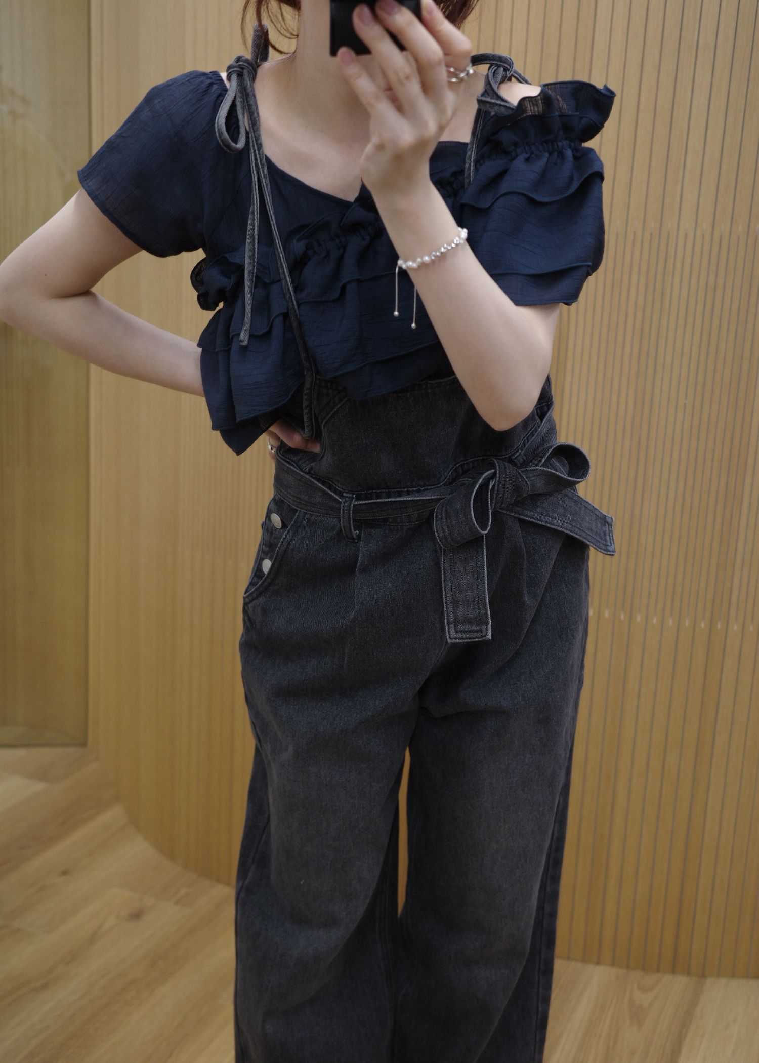 denim tapered ribbon salopette