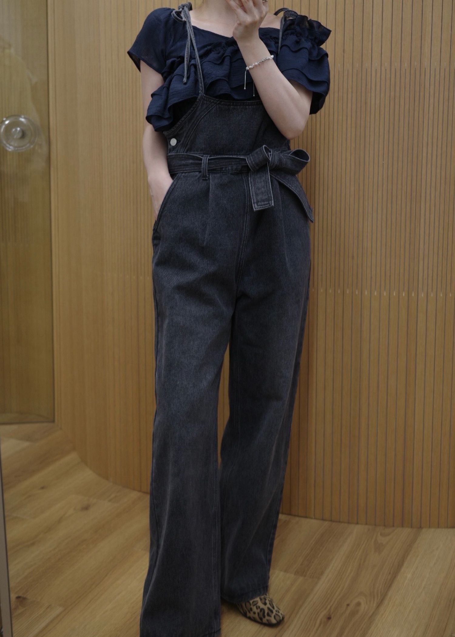 denim tapered ribbon salopette