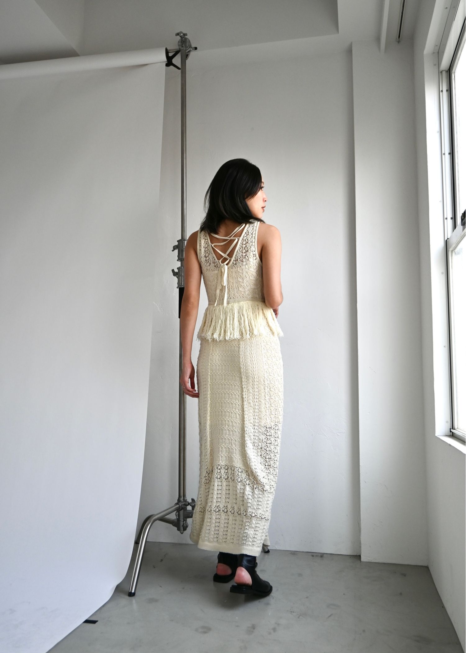 multi pattern jacquard fringe knit OP