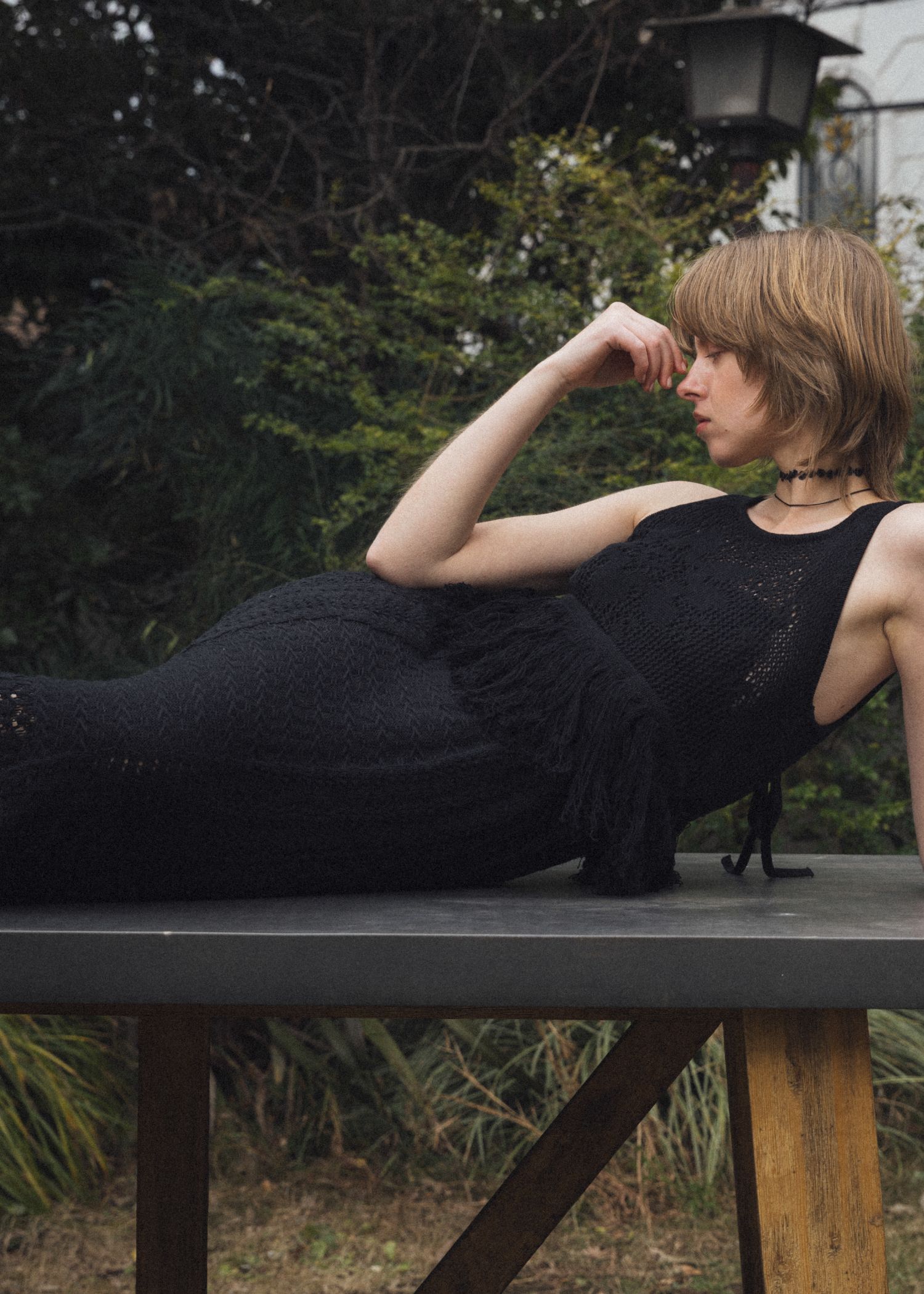 multi pattern jacquard fringe knit OP