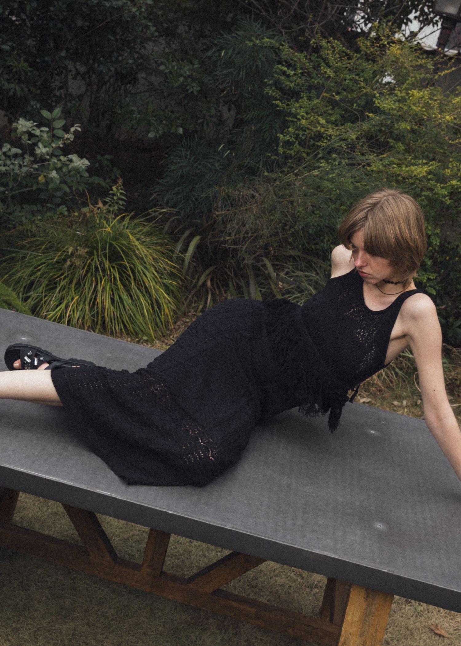 multi pattern jacquard fringe knit OP