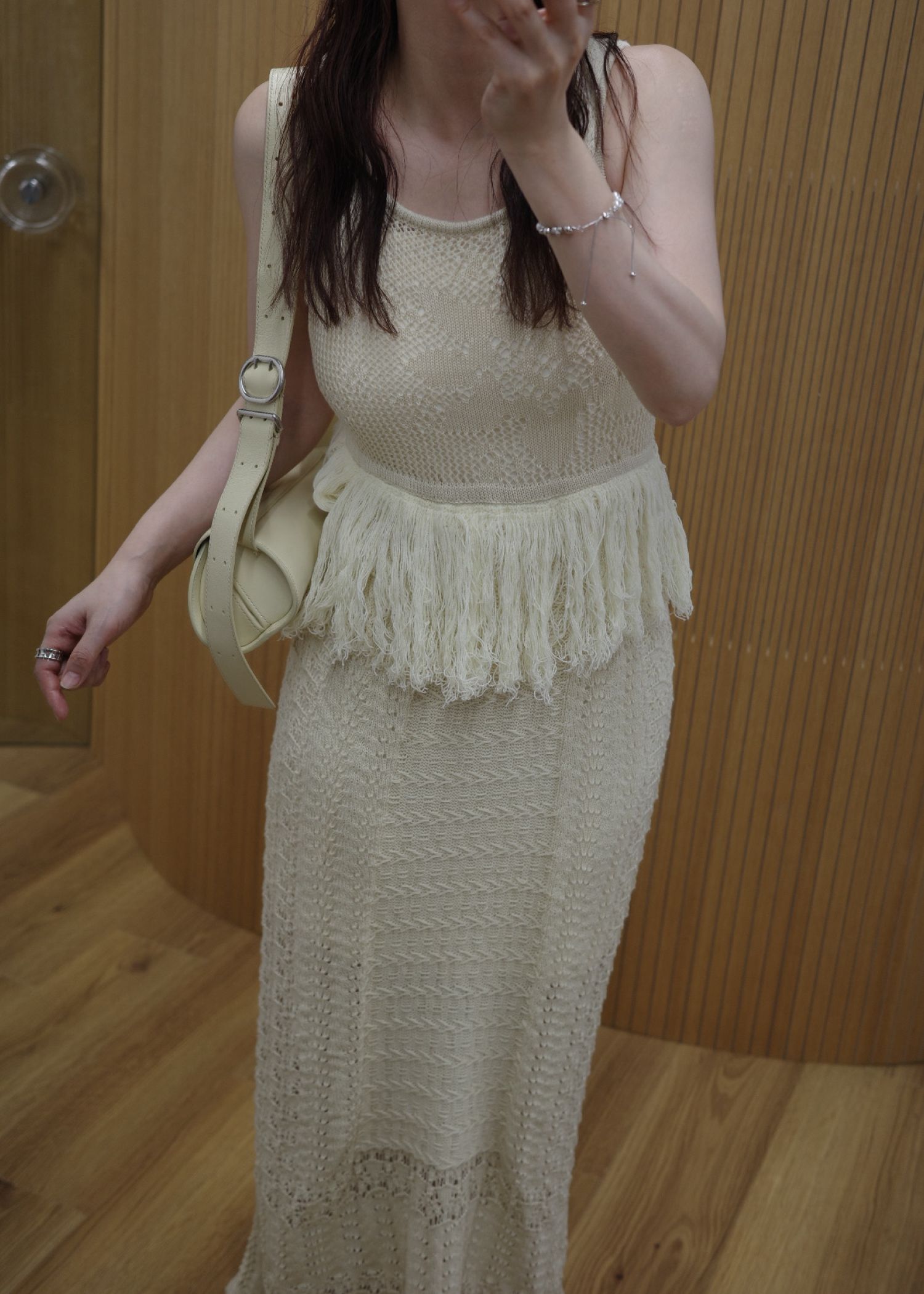 multi pattern jacquard fringe knit OP