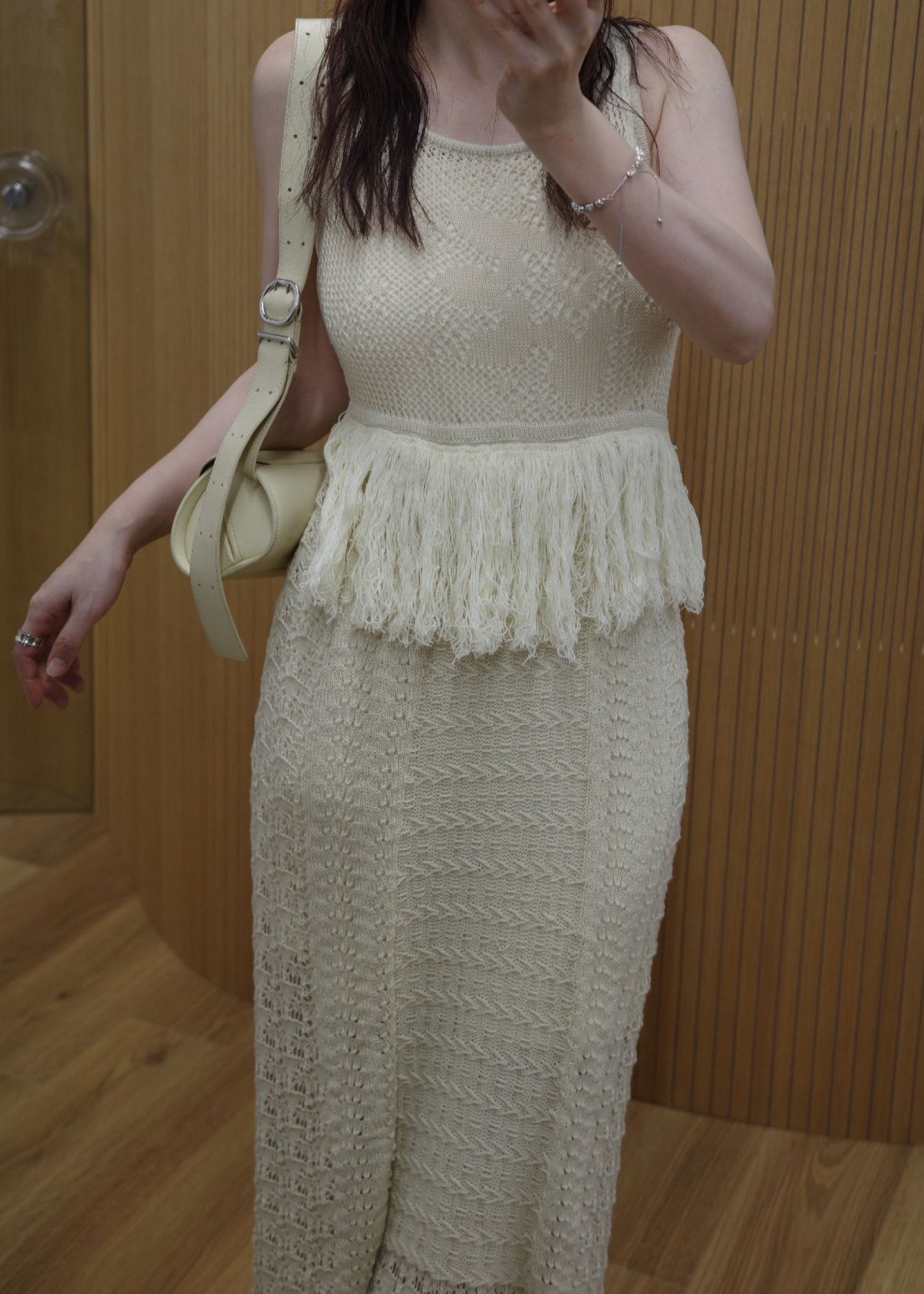 multi pattern jacquard fringe knit OP