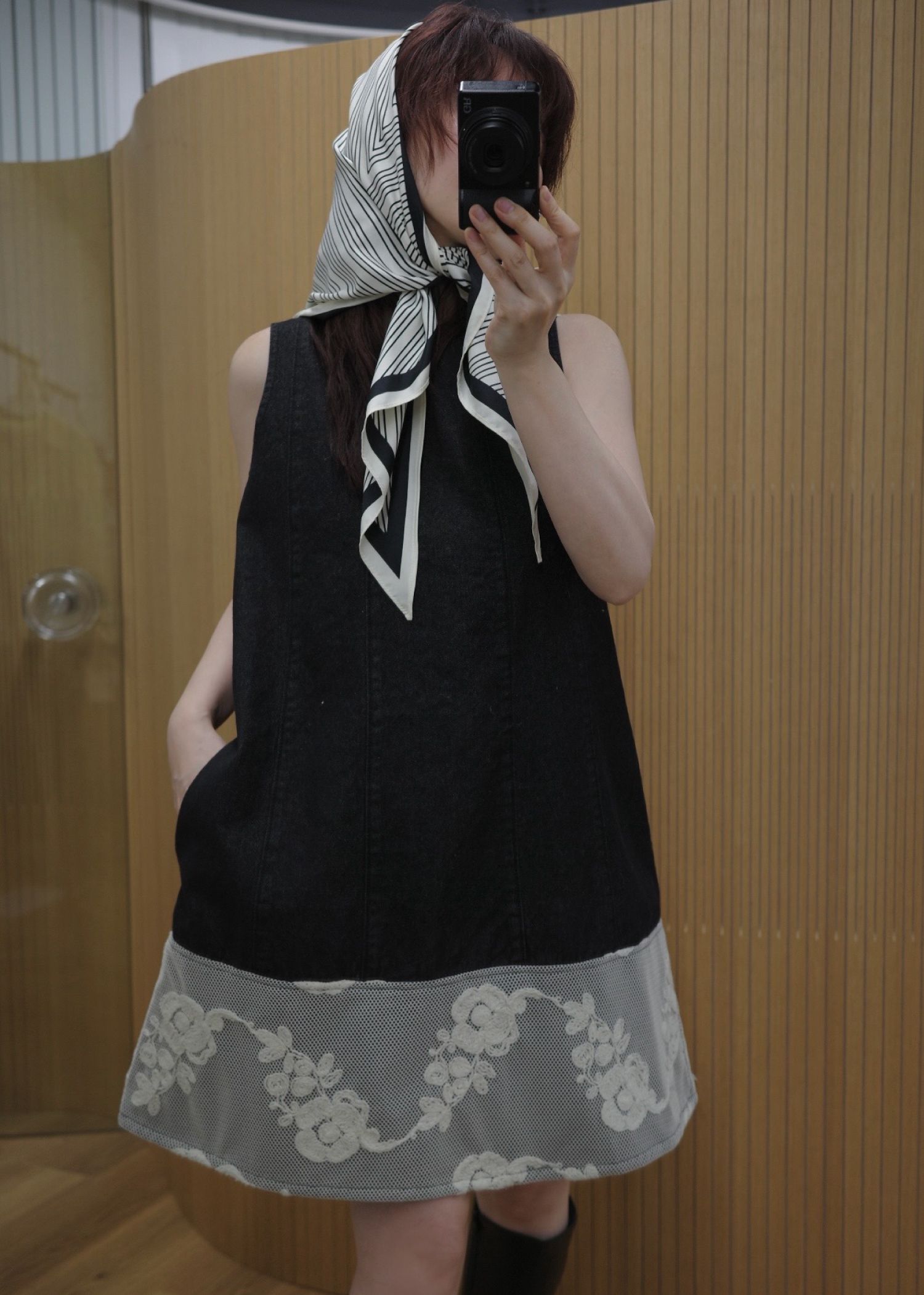 denim panel a line lace hem no sleeve OP