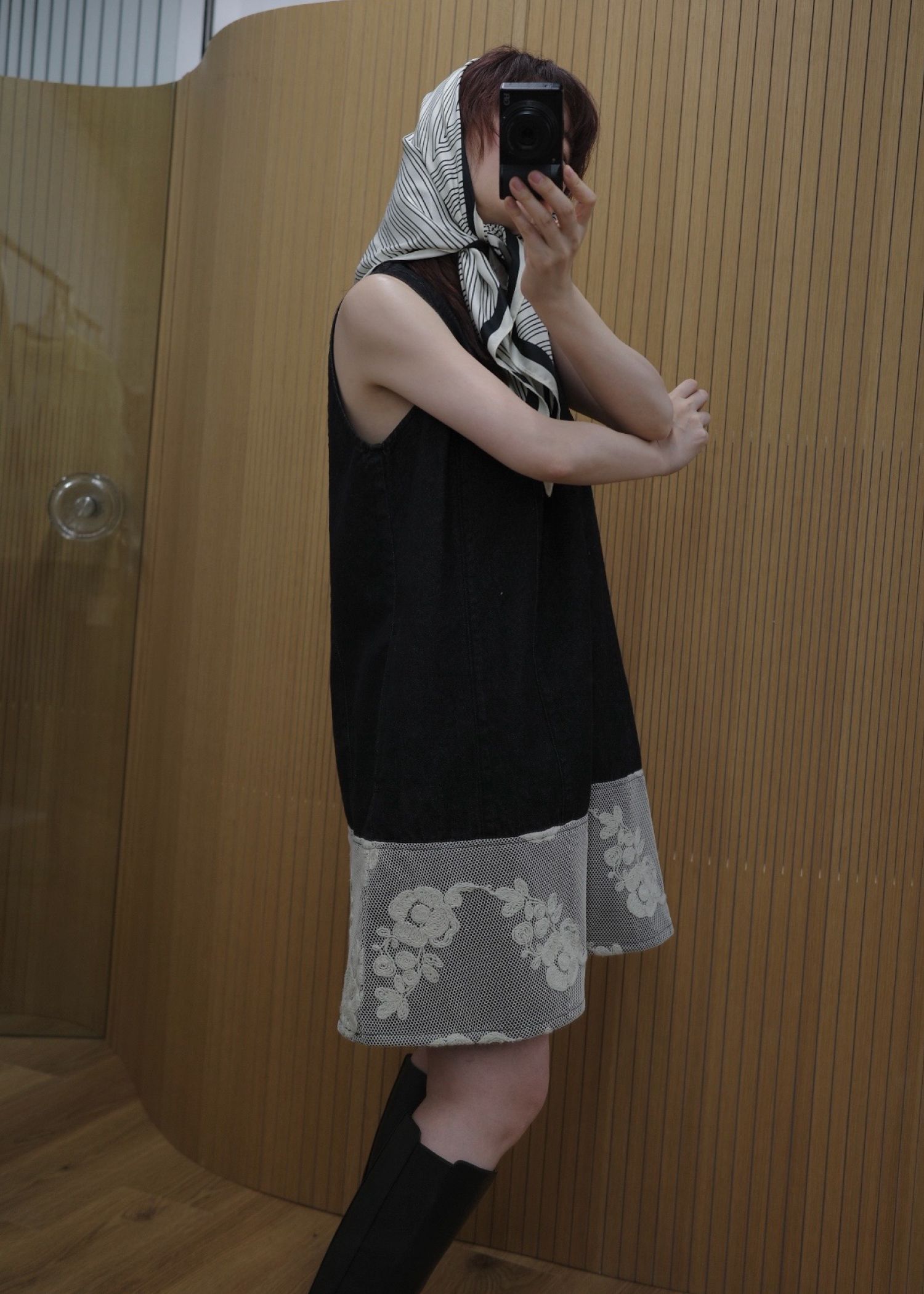 denim panel a line lace hem no sleeve OP