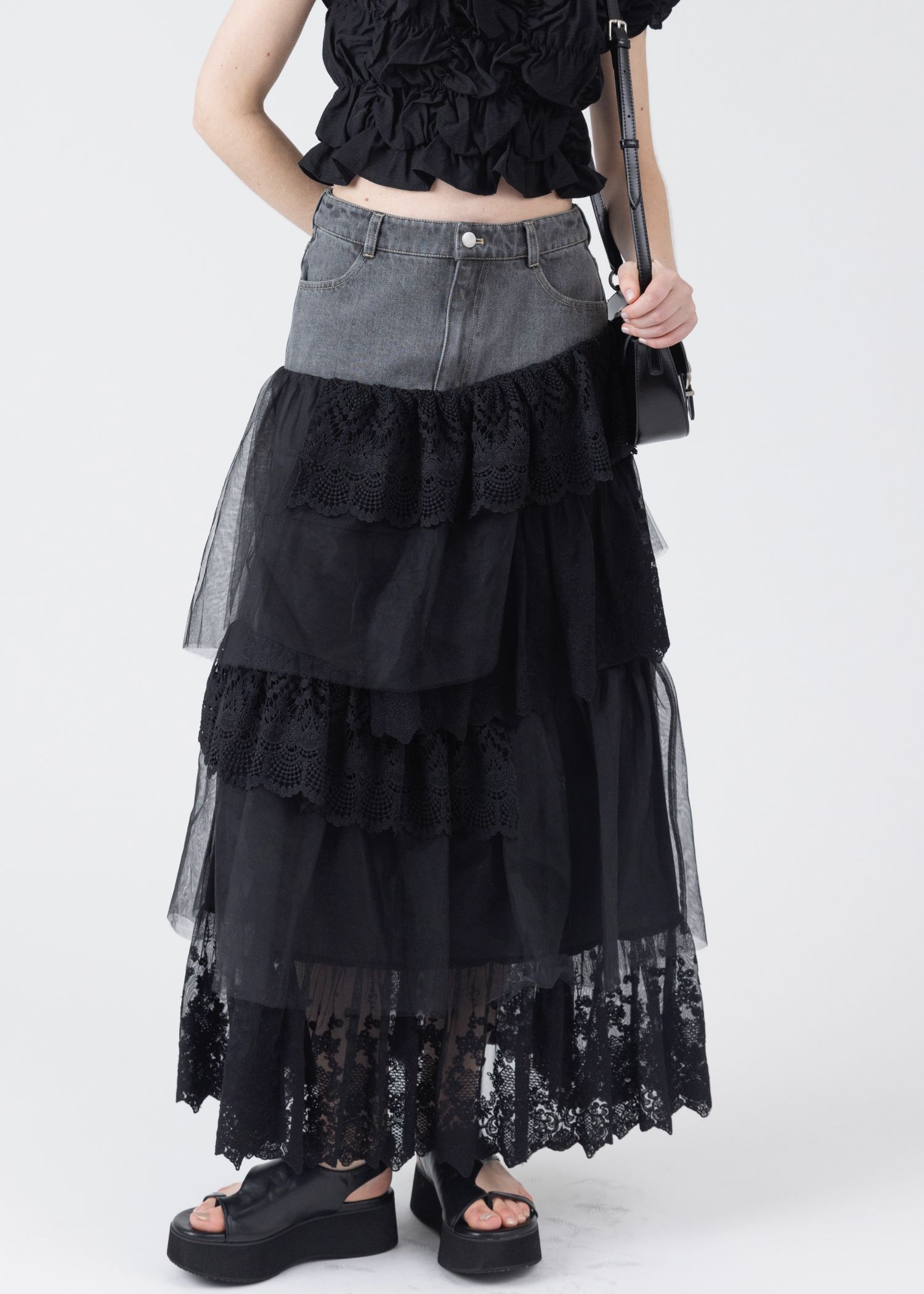 denim yoke lace irregular tiered SK
