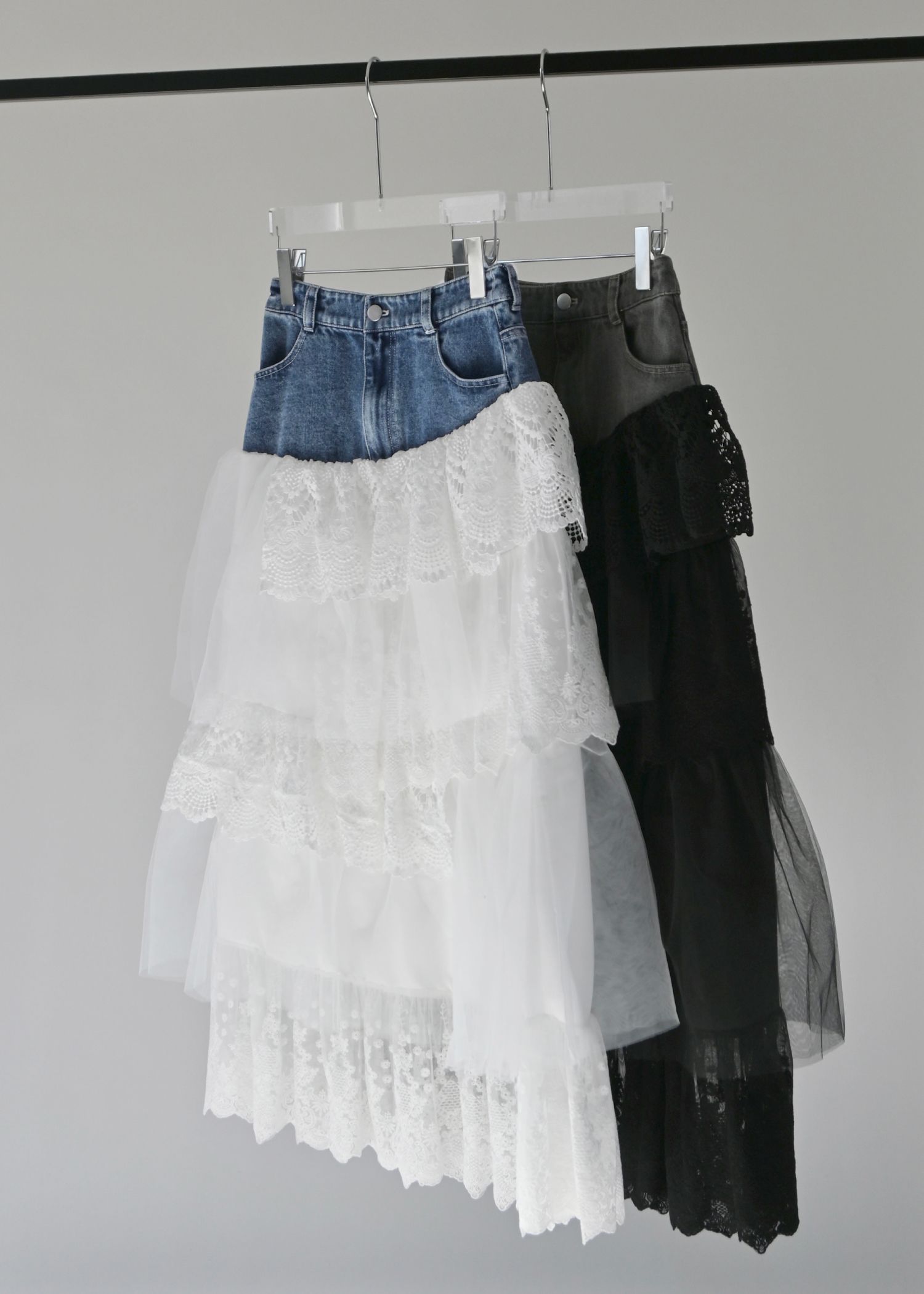 denim yoke lace irregular tiered SK