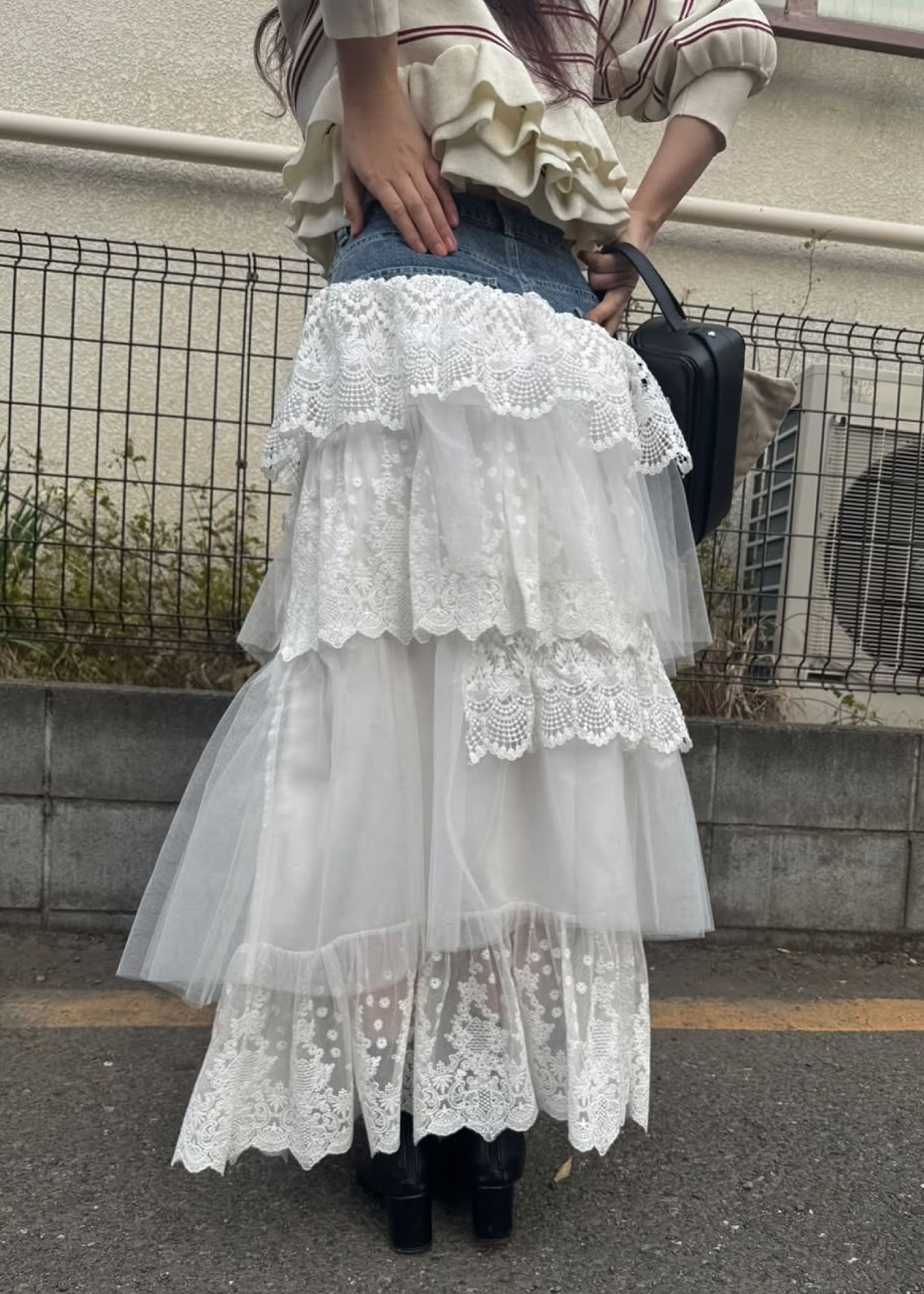 denim yoke lace irregular tiered SK
