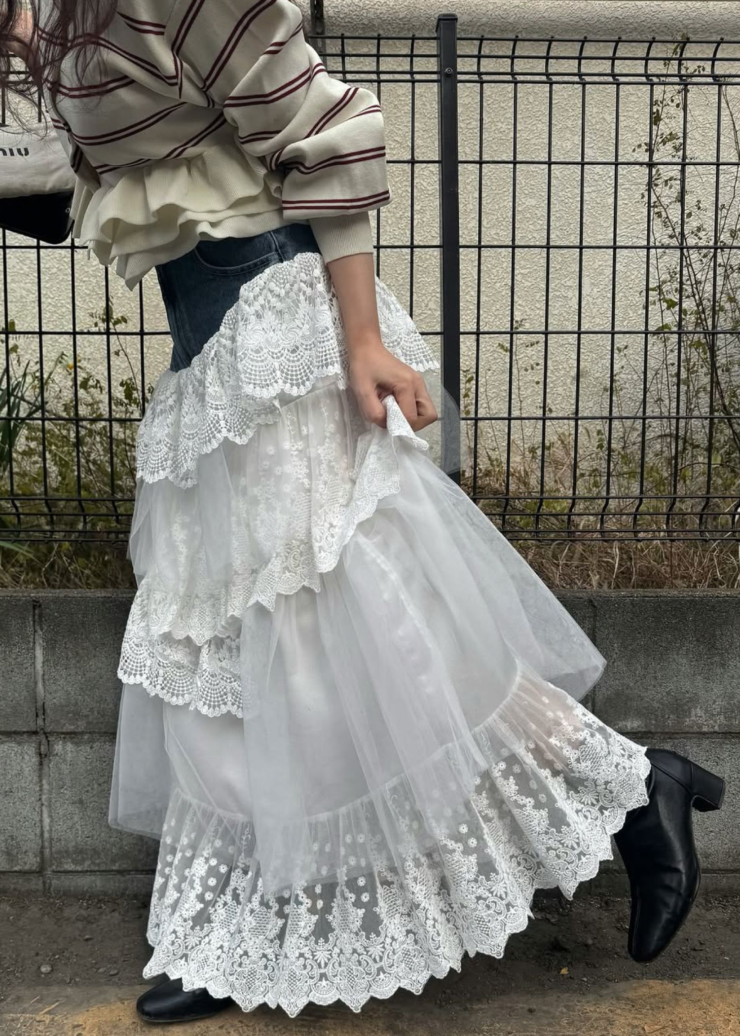 denim yoke lace irregular tiered SK