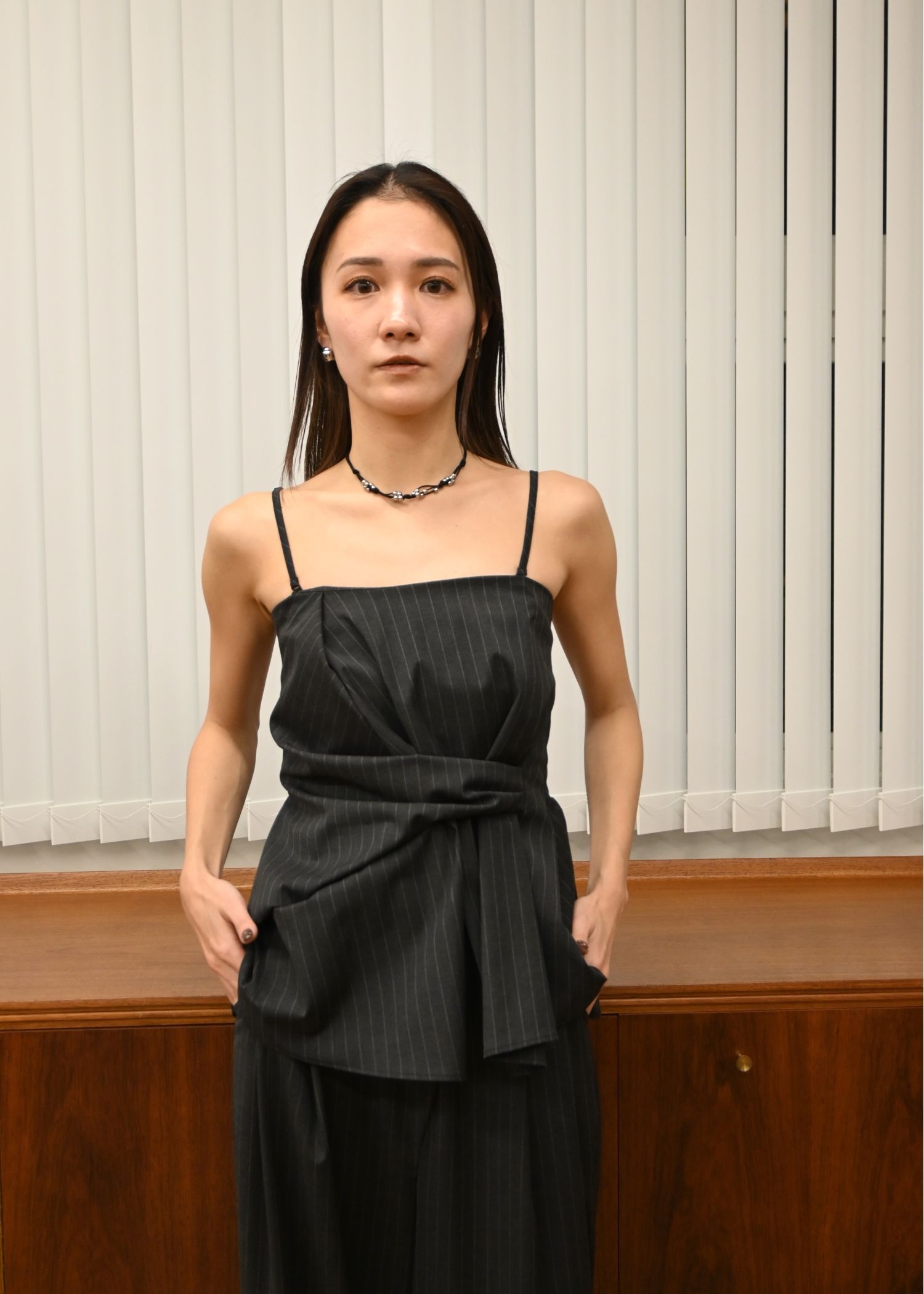 asymmetry tuck gather stripe bustier tops