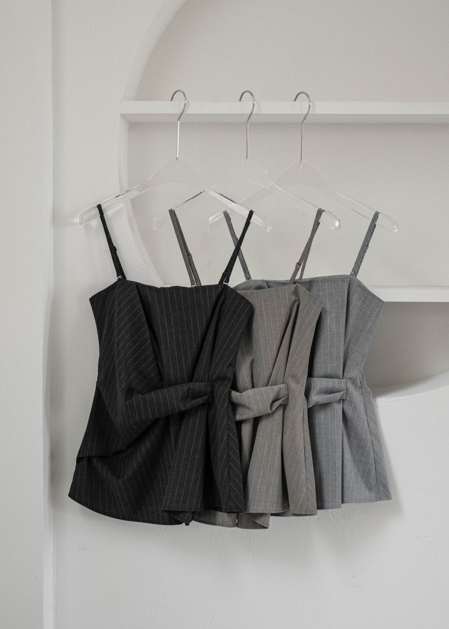 asymmetry tuck gather stripe bustier tops