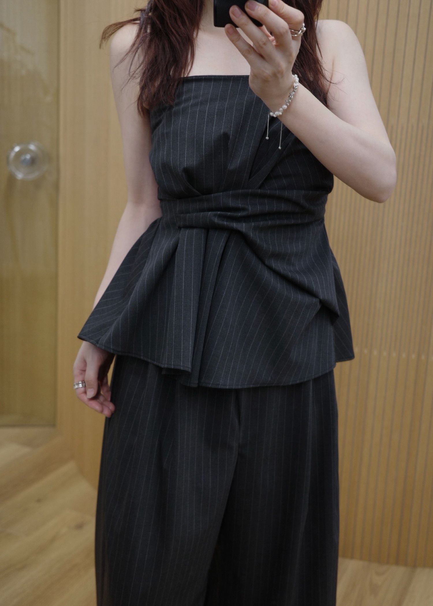 asymmetry tuck gather stripe bustier tops