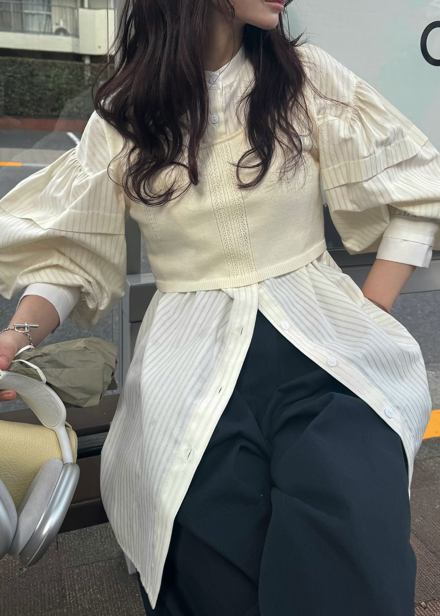 stripe balloon sleeve cleric BL