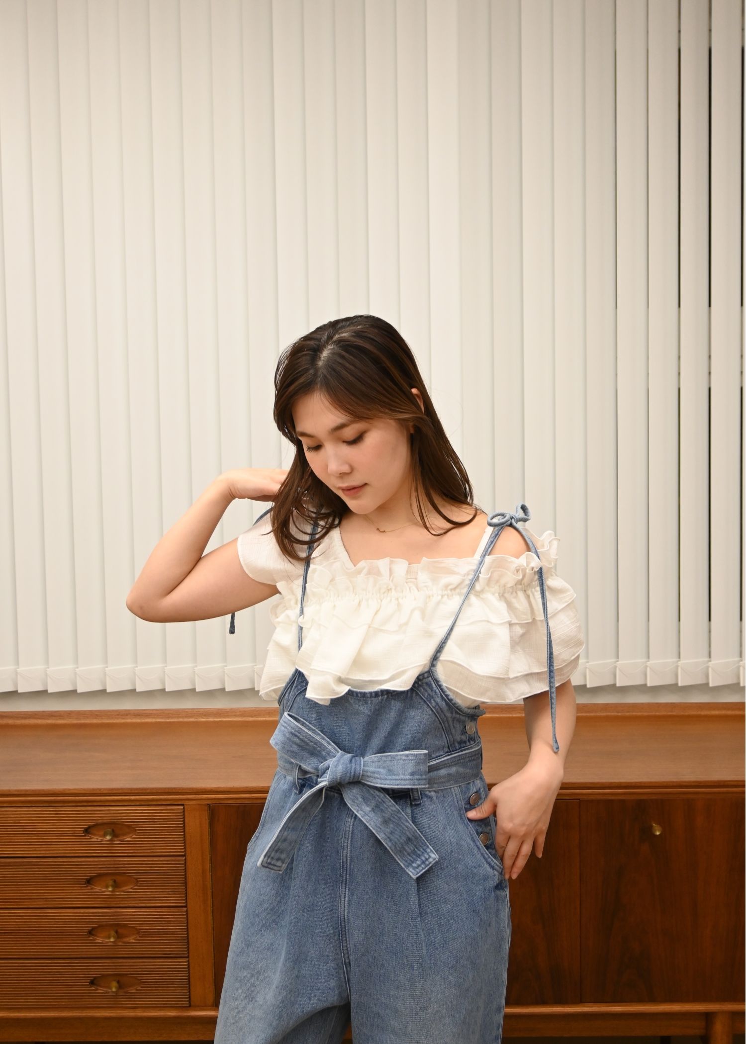 asymmetry tiered frill sheer shirring BL