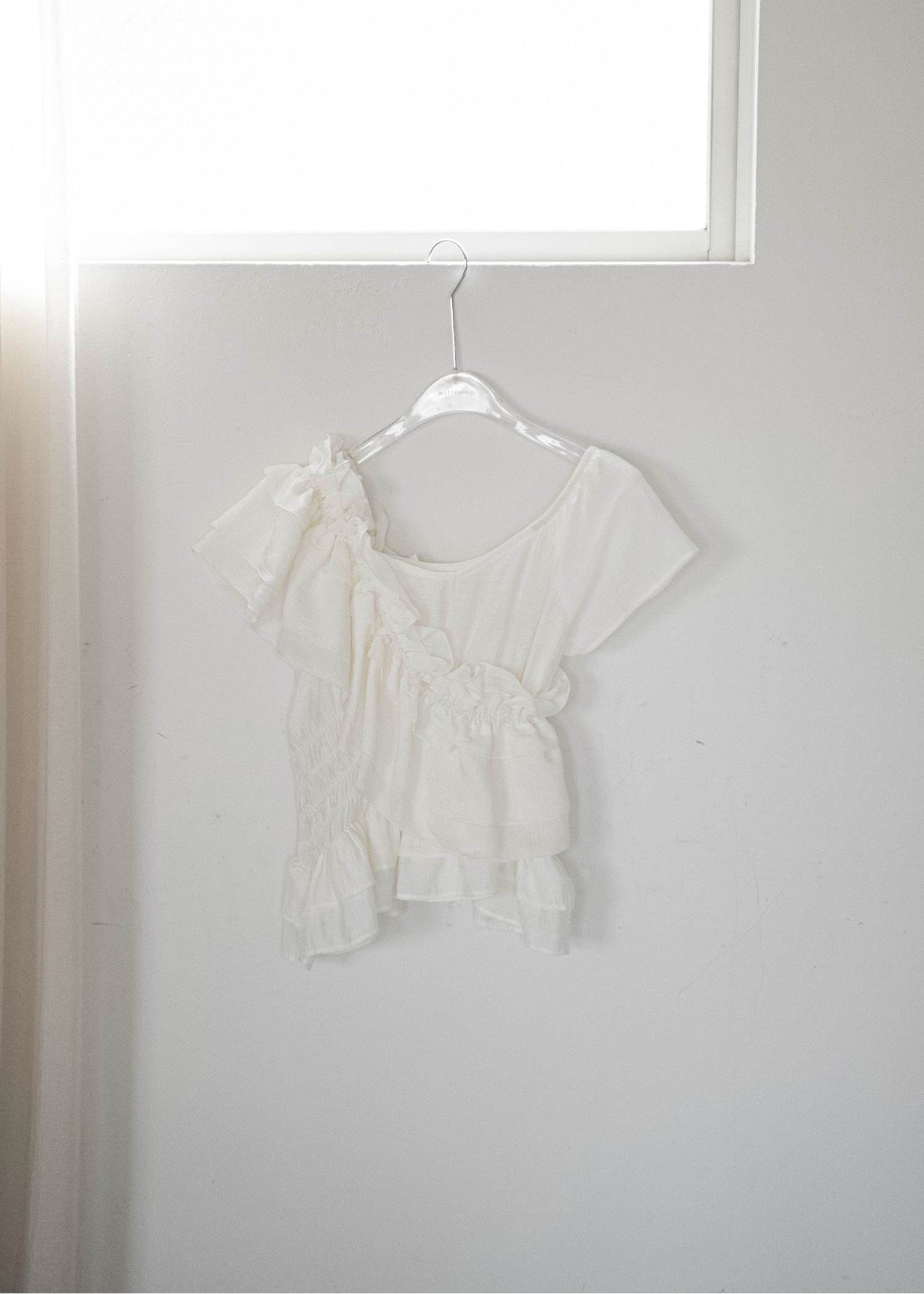 asymmetry tiered frill sheer shirring BL