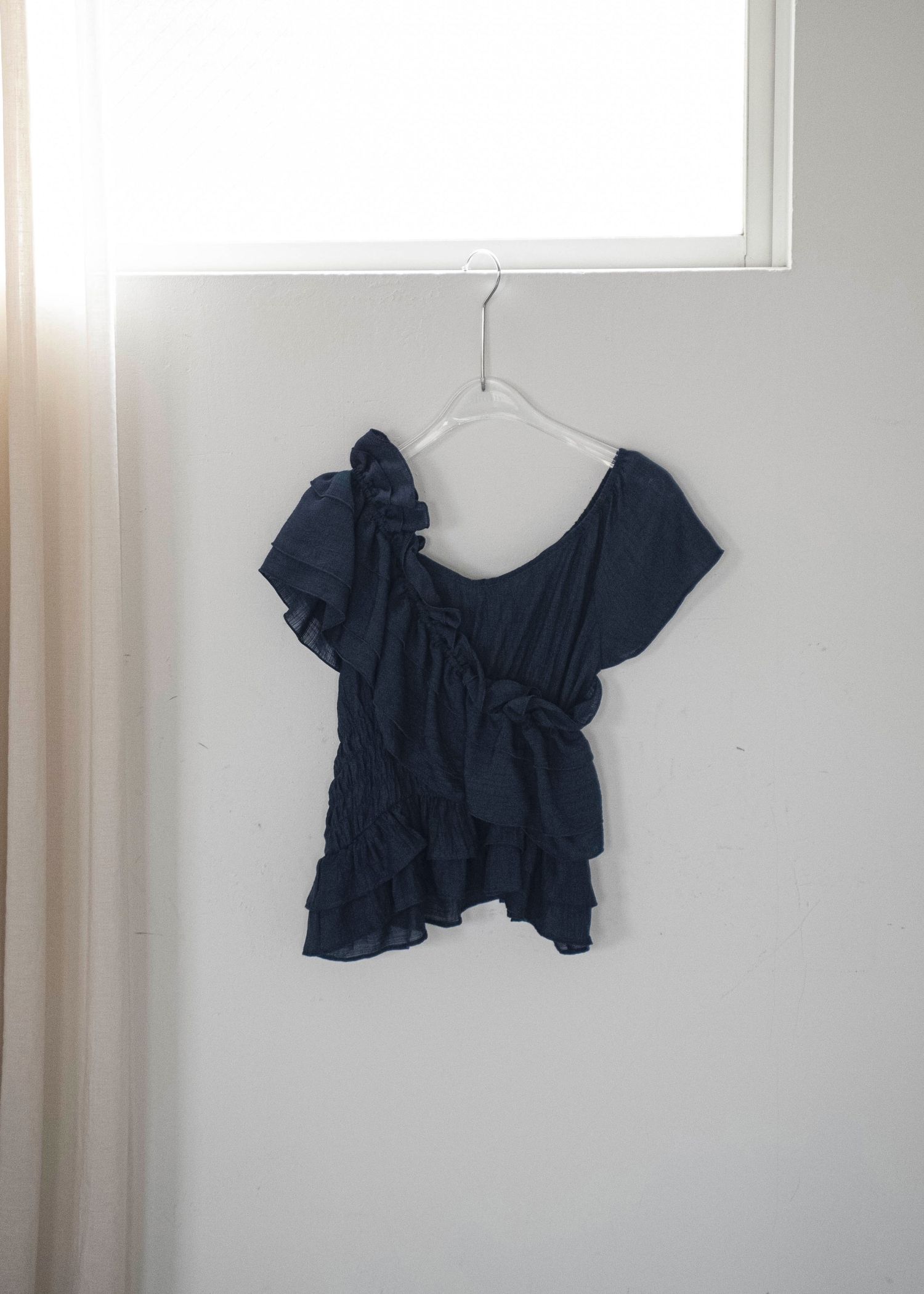 asymmetry tiered frill sheer shirring BL